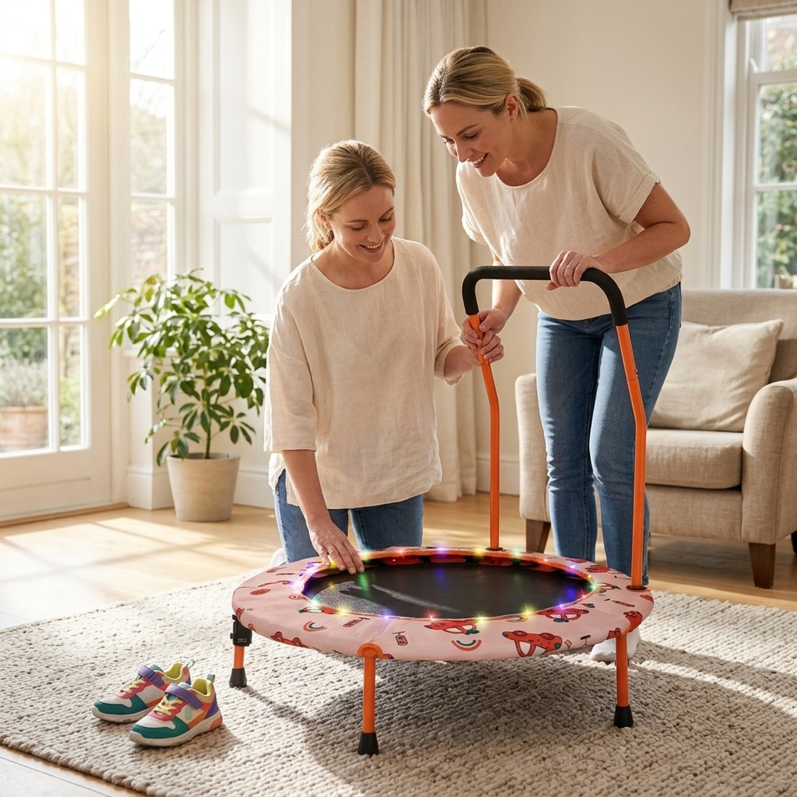 36-in Mini Trampoline Kids LED Lights Bluetooth Speaker 20 Bungee Cord Silent Bounce Foam Handle Orange Rebounder