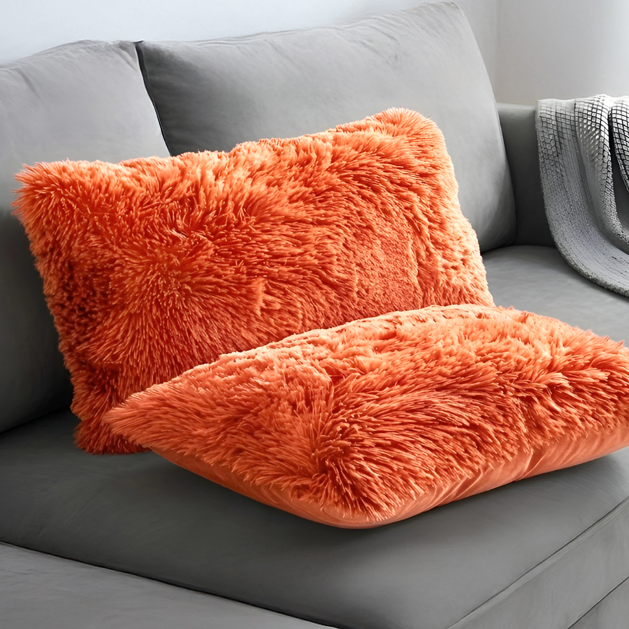 Cheer Collection 2 Pack 12 x 20 Inch All Around Shaggy Faux Fur Lumbar Pillows with Inserts