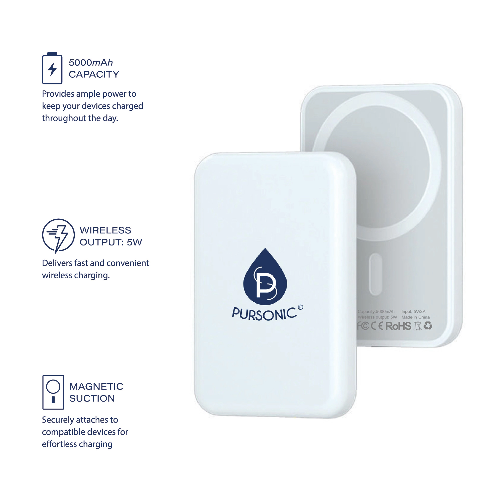 Pursonic Unisex Portable Magnetic Wireless Power Bank with 5000mAh Battery, Qi-Compatible Fast Charging Device