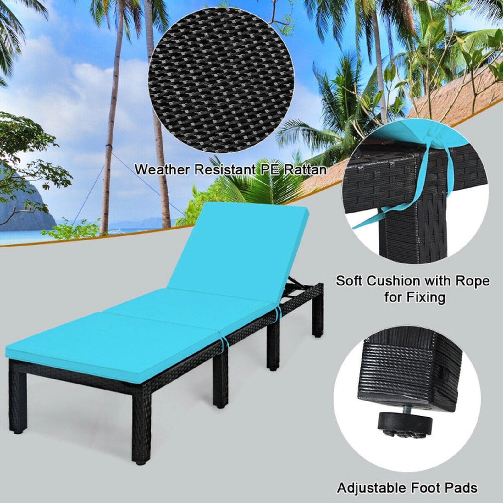 SUGIFT 6-Position 2-in Cushion PE Rattan Steel Frame Chaise Lounge Chair 77-in x 25.5-in 355-lb Capacity Turquoise