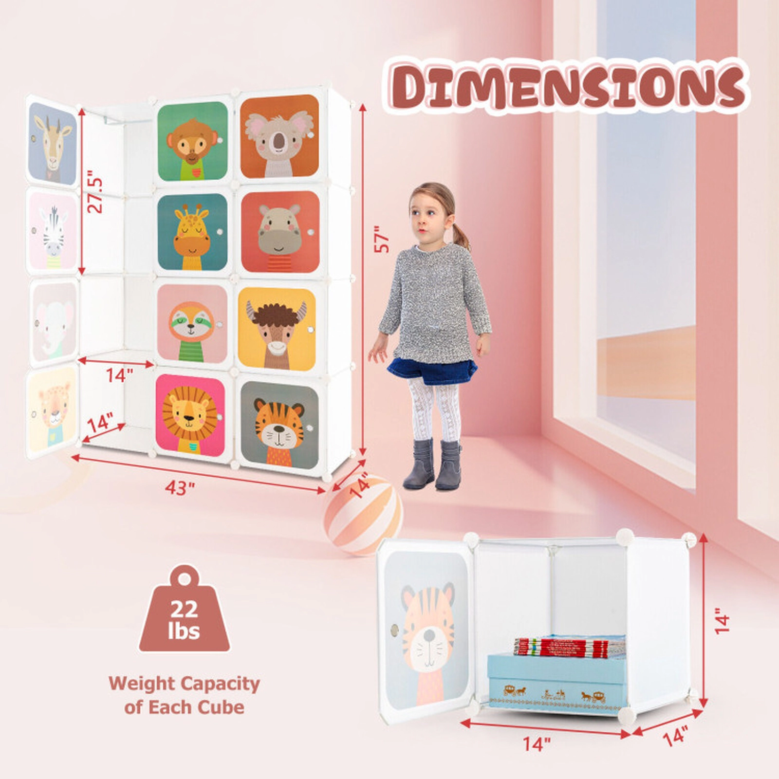 SUGIFT Kids 12-Cube Animal Print Doors Hanging Section Wardrobe Closet 43-in x 14-in x 57-in 22-lb per Cube White