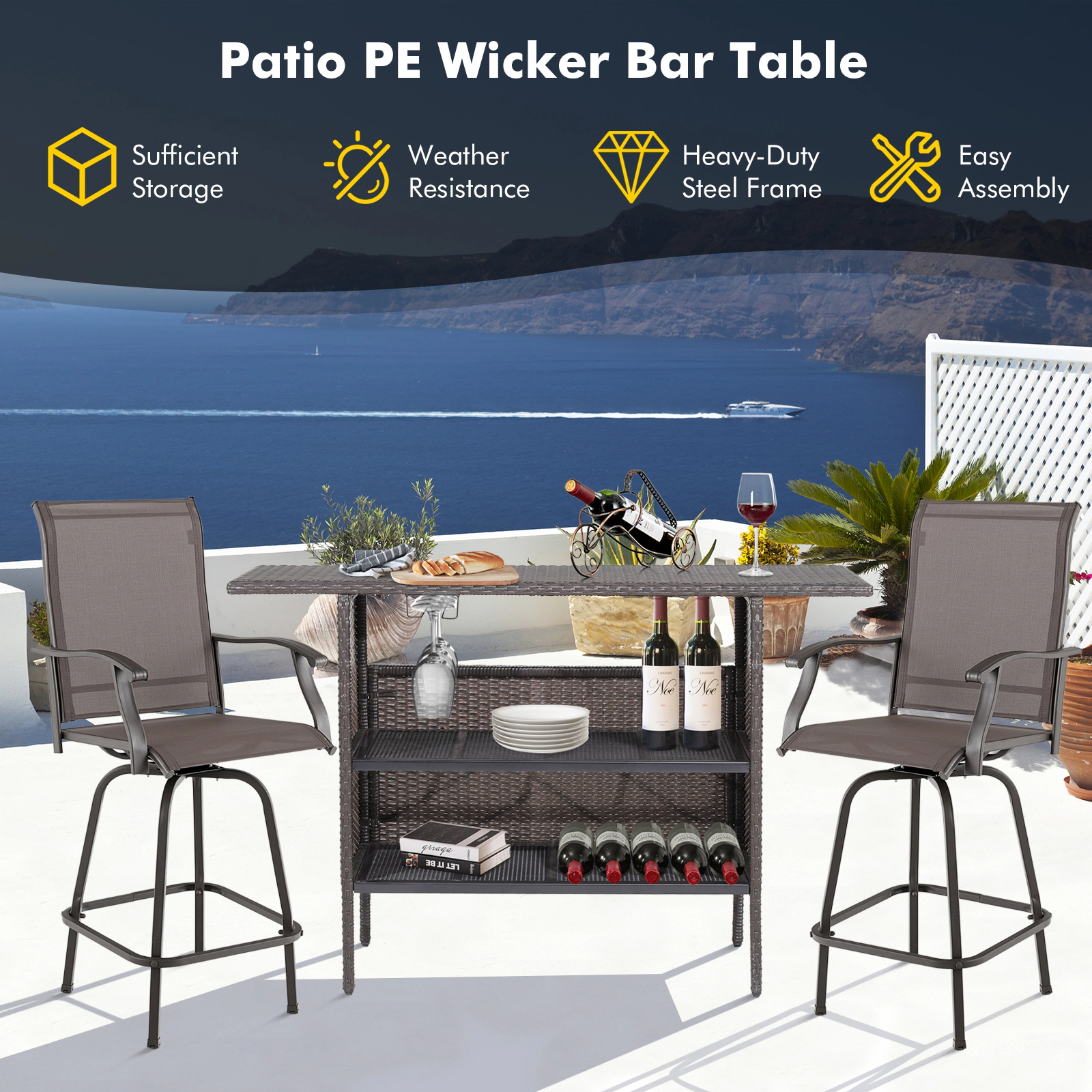 SUGIFT Outdoor Wicker Bar Table 2 Metal Mesh Shelves 77-lb Tabletop Capacity 55 x 18.5 x 36 in Mix Brown PE Rattan Steel