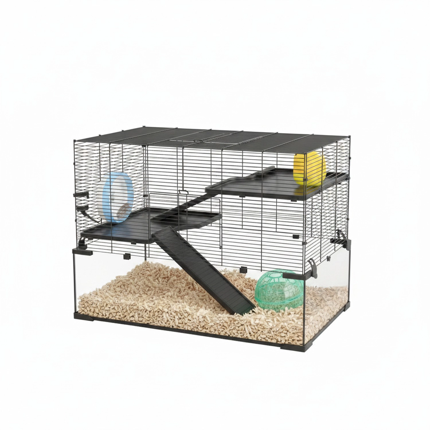 HONGGE Hamster Cage Gerbil Cage with Glass Basin for Small Hamsters Black