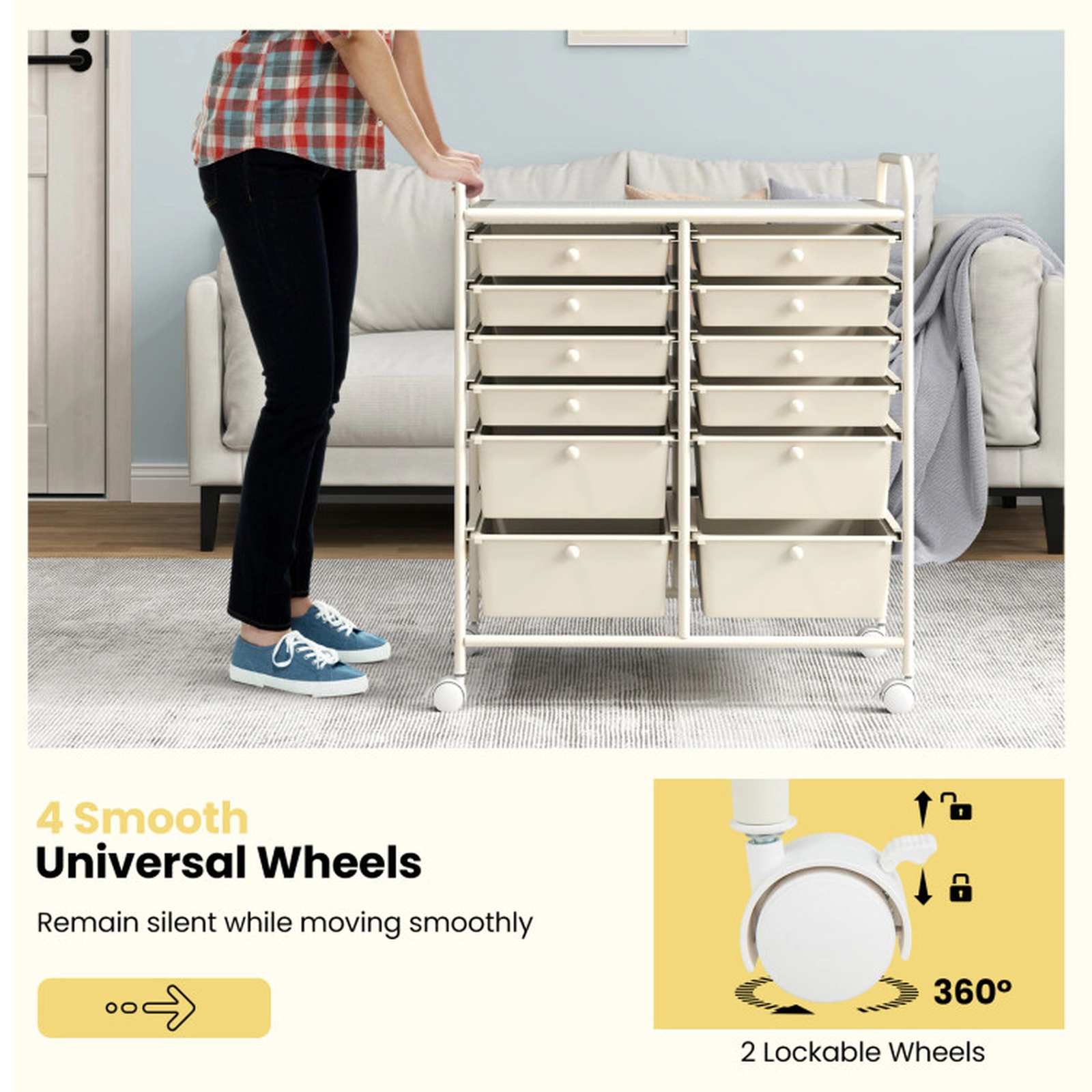 SUGIFT 12-Drawer Rolling Storage Cart with Lockable Wheels and Two Drawer Depths