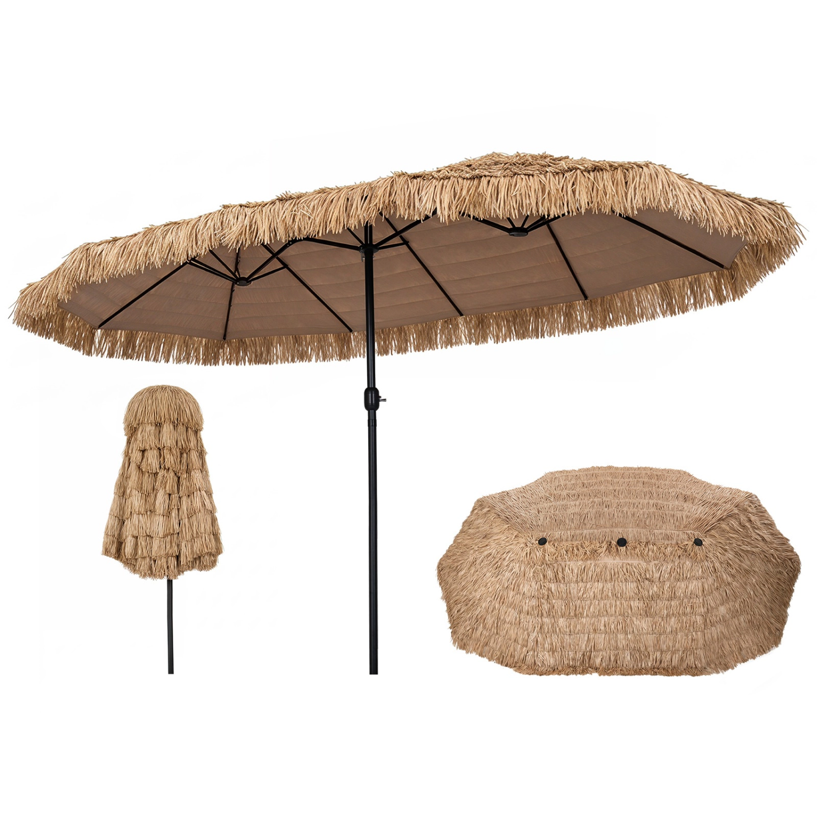 SUGIFT 15 x 9FT Double-Sided Thatched Tiki Patio Umbrella Crank Handle 5+2+5 Metal Ribs 135 sq ft Shade Brown + Black