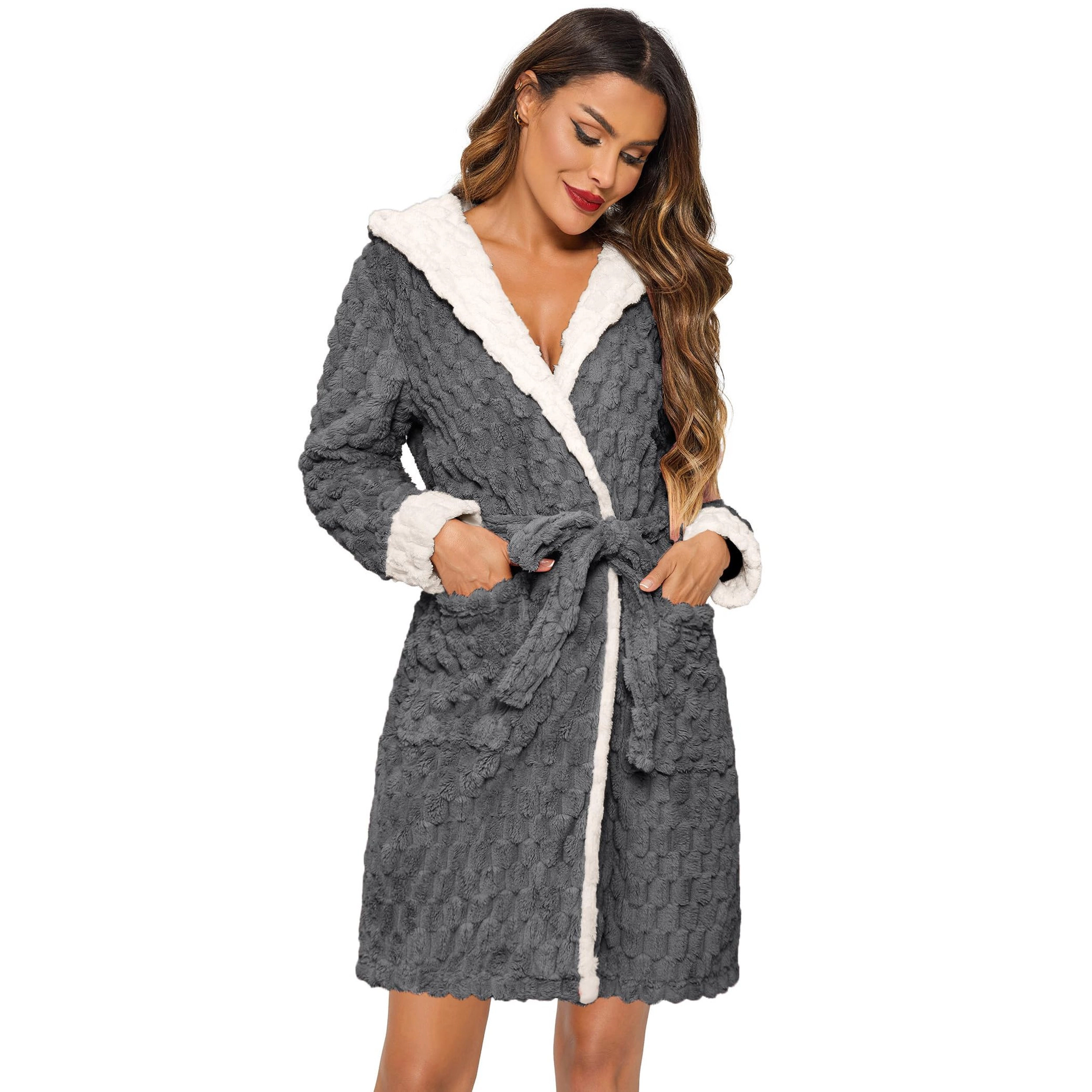 Ekouaer Women Short Robes with Hood Knee Length Winter Warm Bathrobe Fleece Plush Fluffy Robe Pink