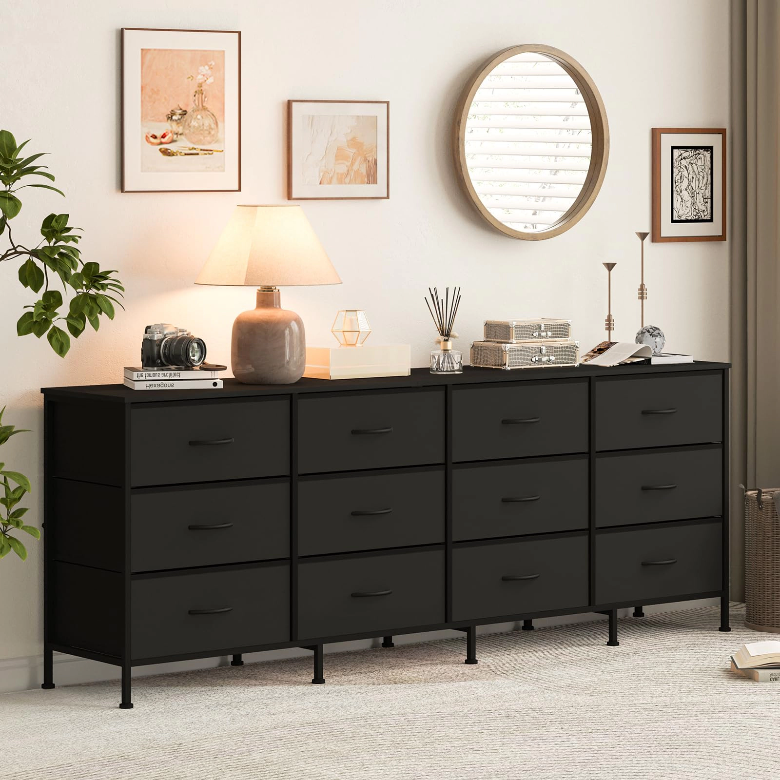 70.8" 12 Drawer Fabric Dresser TV Stand for Up to 80" with Wood Top