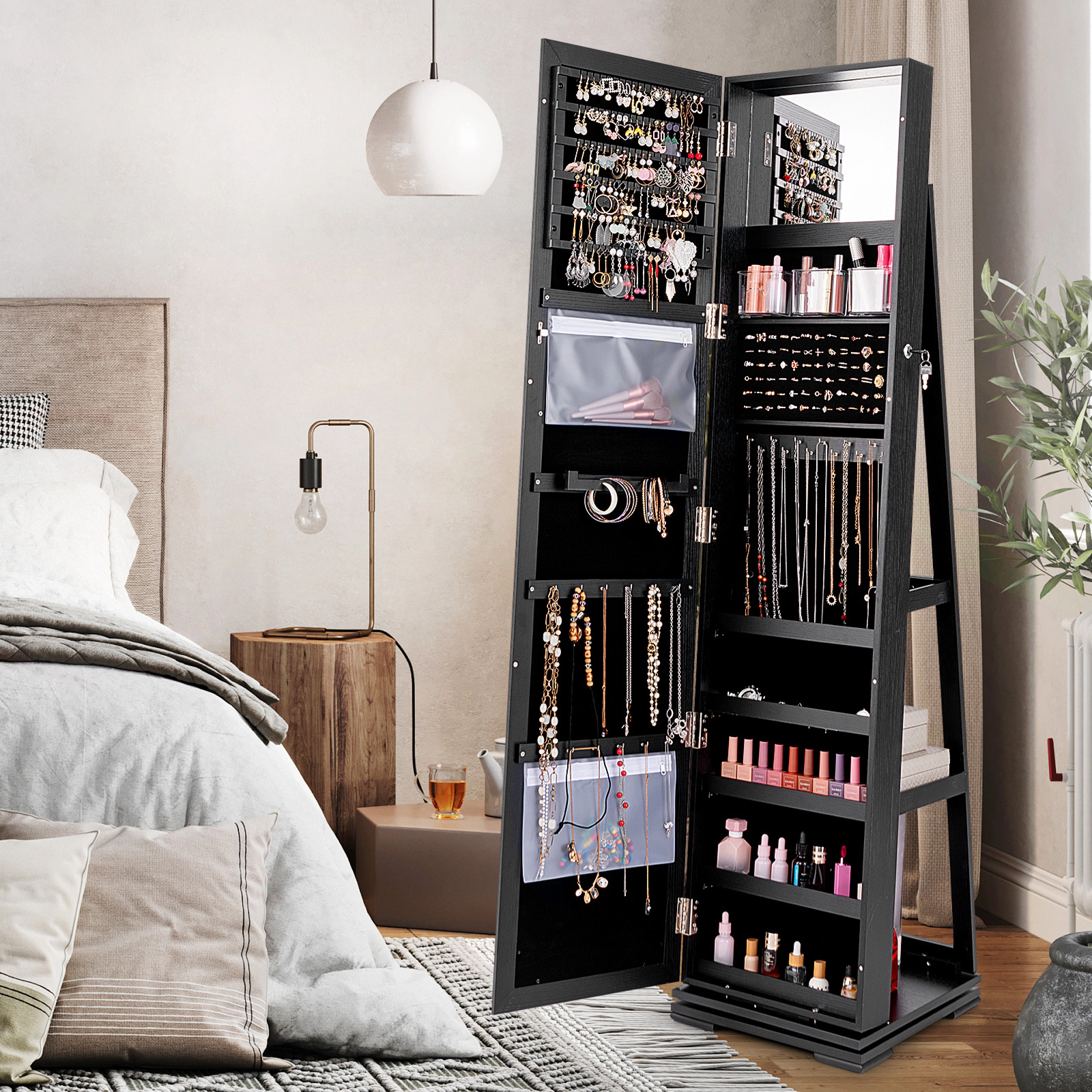 Hivvago Jewelry Organizer Cabinet With Full Length Mirror and Rotatable Storage