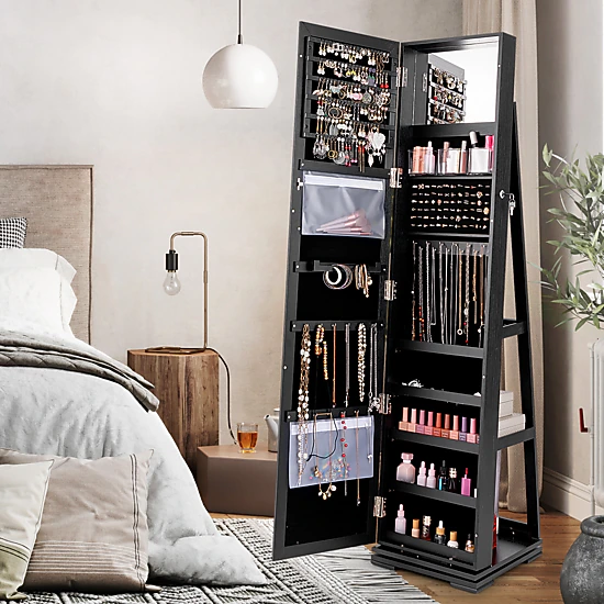 Hivvago Jewelry Organizer Cabinet With Full Length Mirror and Rotatable Storage