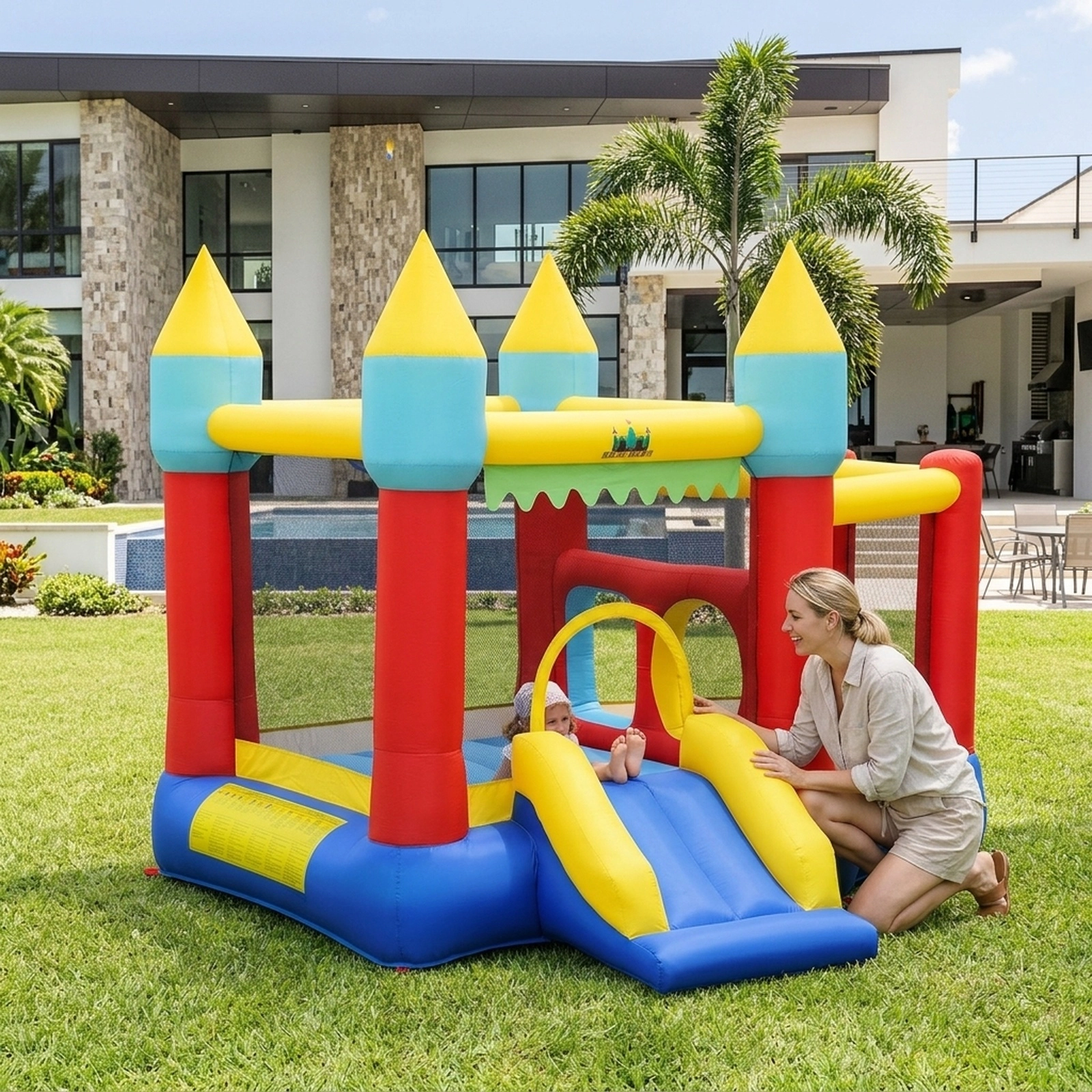 Kids Inflatable Bouncer with Jumping Area 100 Ocean Balls Basketball and 480W Blower for 3 Kids 300-lb Capacity Bounce