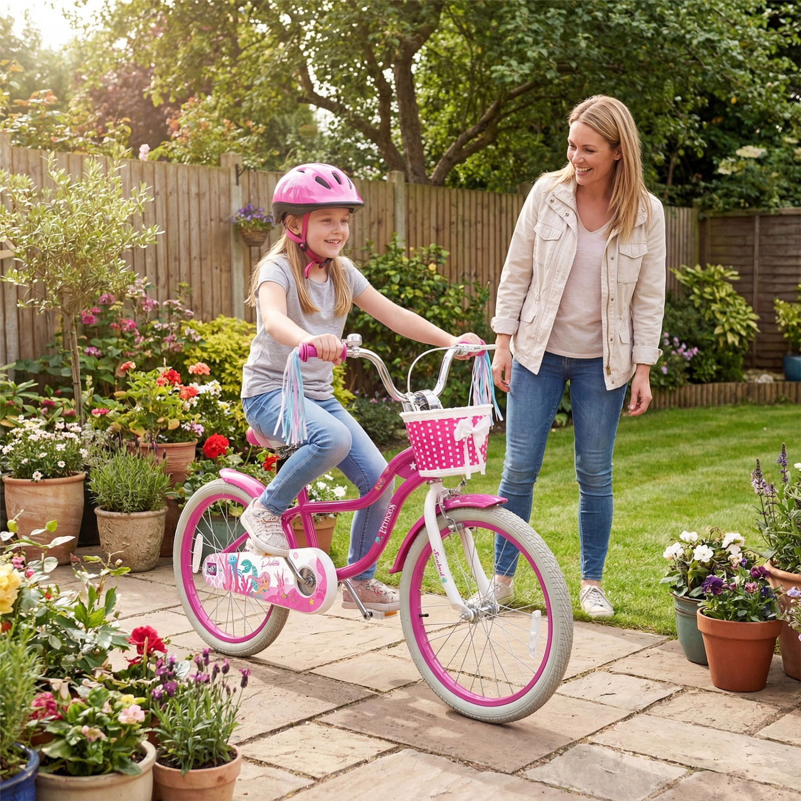 20-in Kids Bike Girls Ages 8+ Adjustable Bicycle Mermaid Theme Streamers Front Basket Kickstand 200-lb Seat Capacity