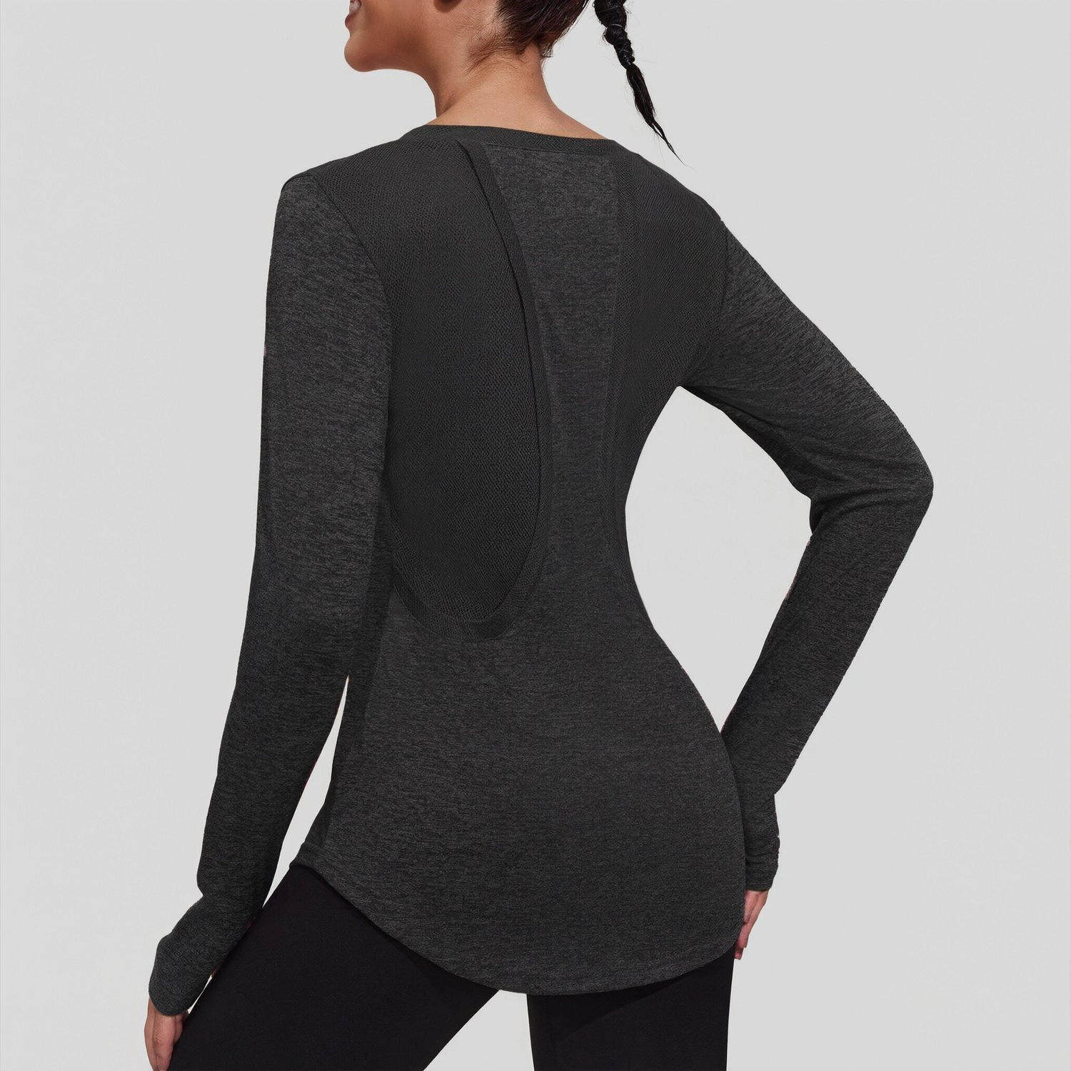 Pinspark Womens Long Sleeve T-Shirts Solid Gray Mesh Back Tee Round Neck Casual Tops