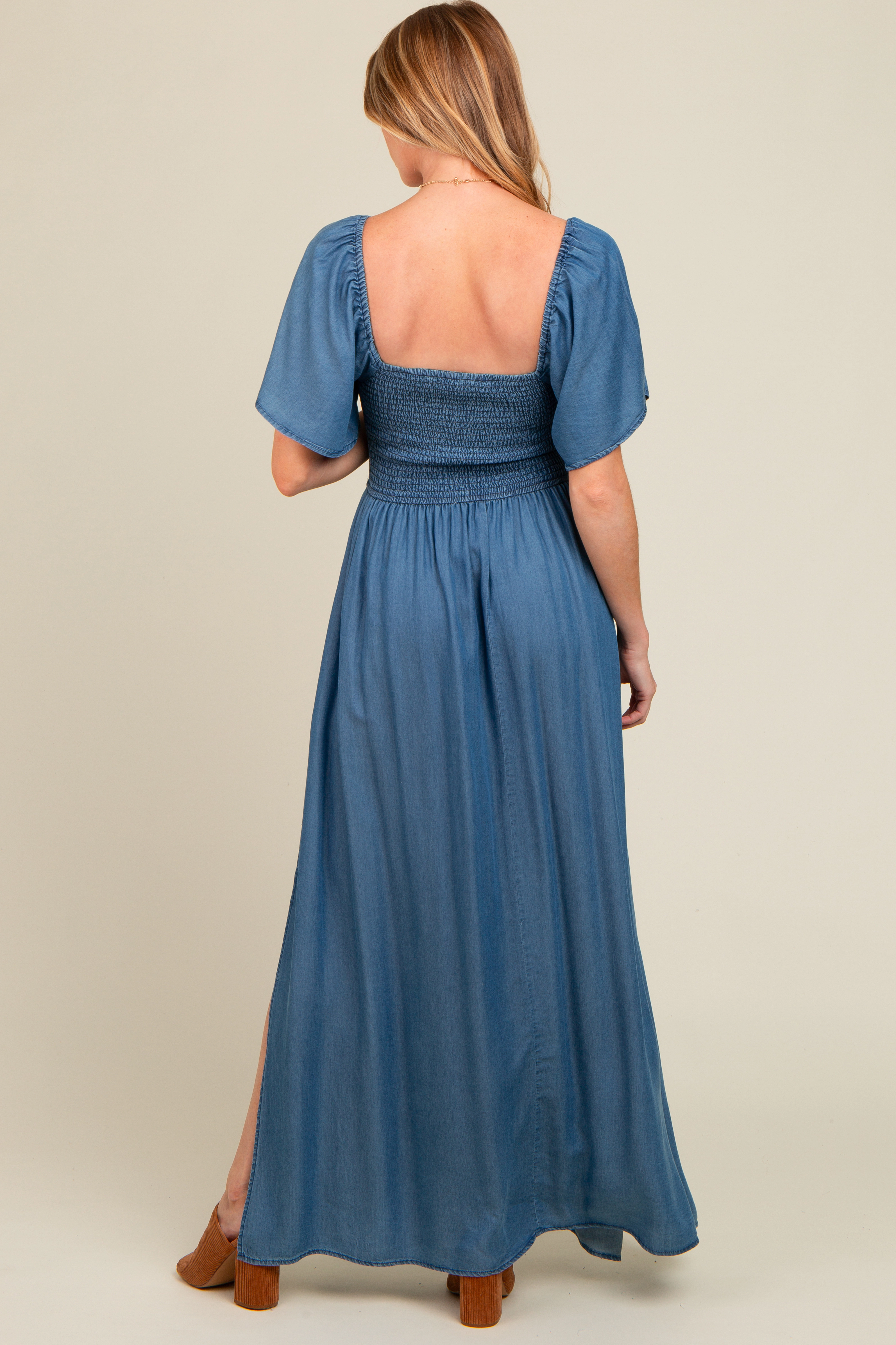 PinkBlush Womens Blue Chambray Smocked Maternity Maxi Dress