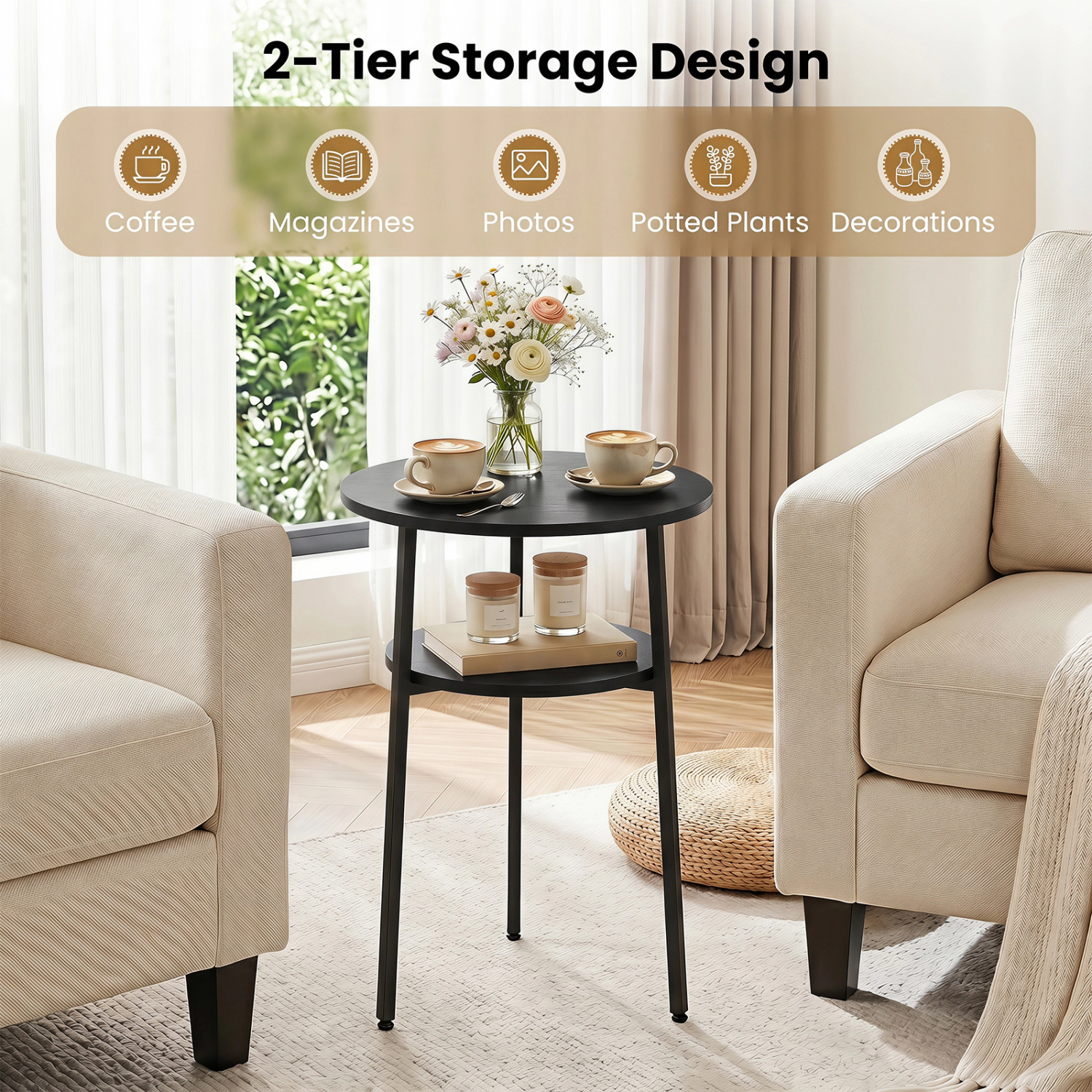 Glintex Round 2-Tier Side Table with Metal Frame and 90-Lb Tabletop