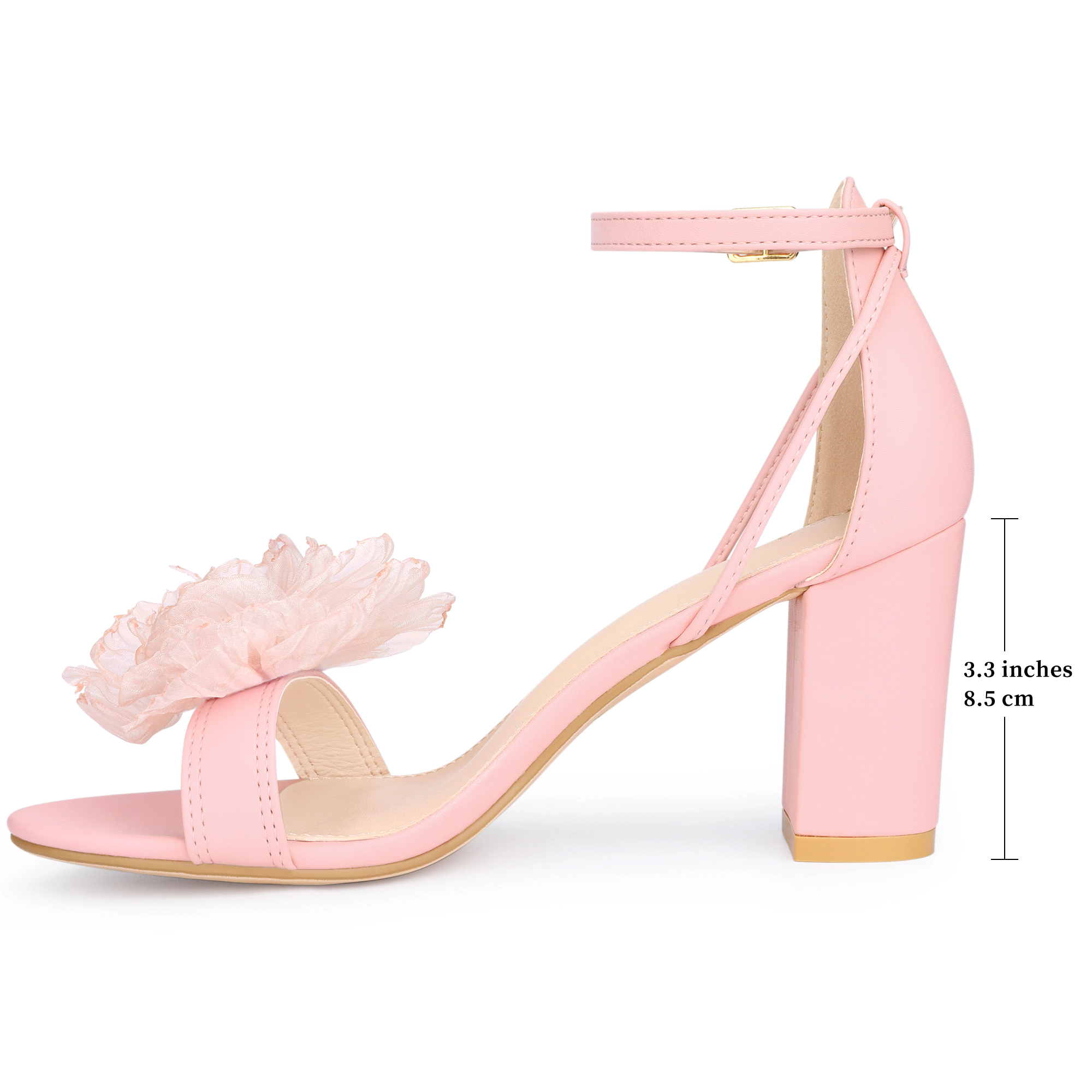 BLISSFUL STEP Women Faux Leather Floral Open Toe Ankle Strap Block Heel Sandals