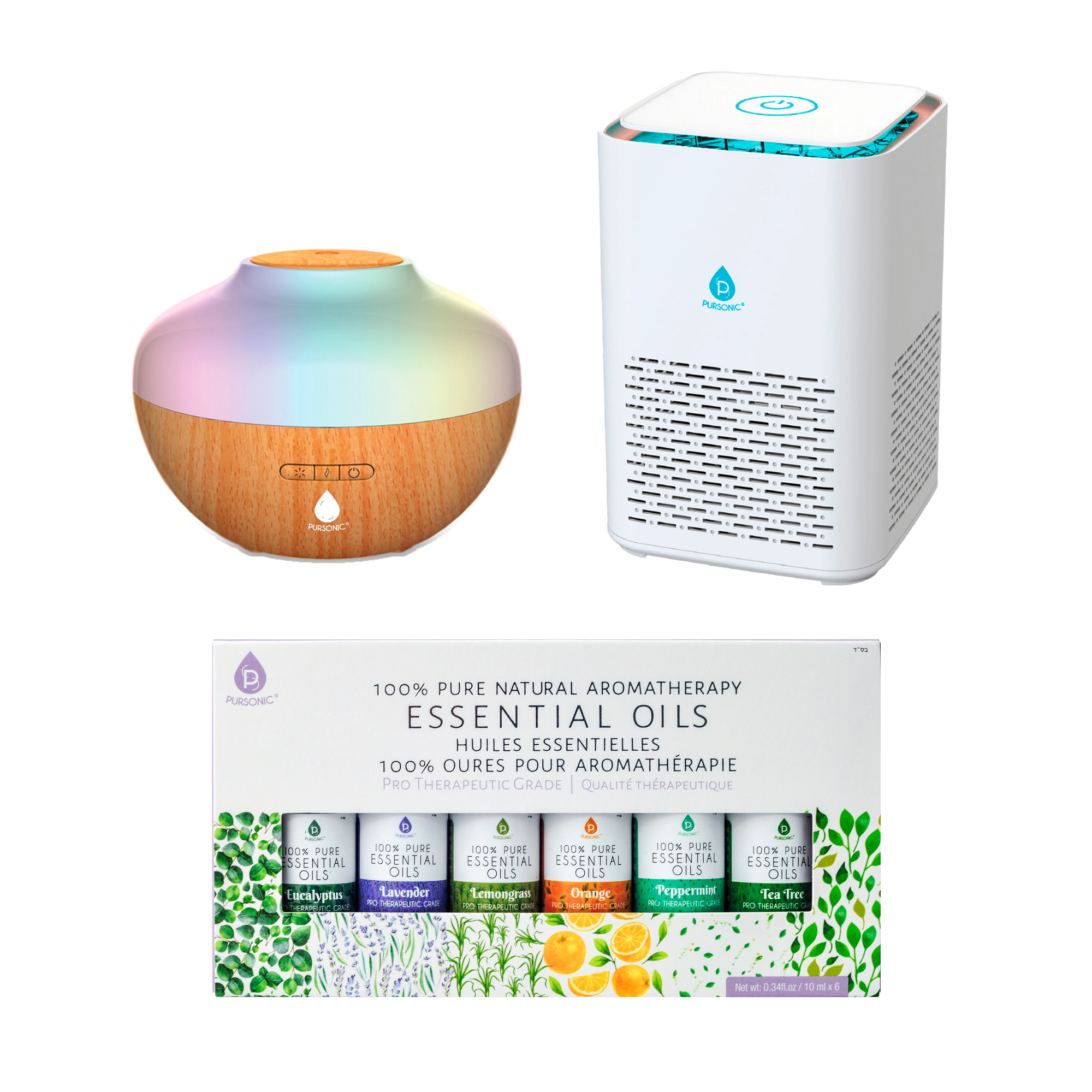 Pursonic Unisex Air Quality & Aromatherapy Wellness Bundle with HEPA Air Purifier, Diffuser & Essential Oils