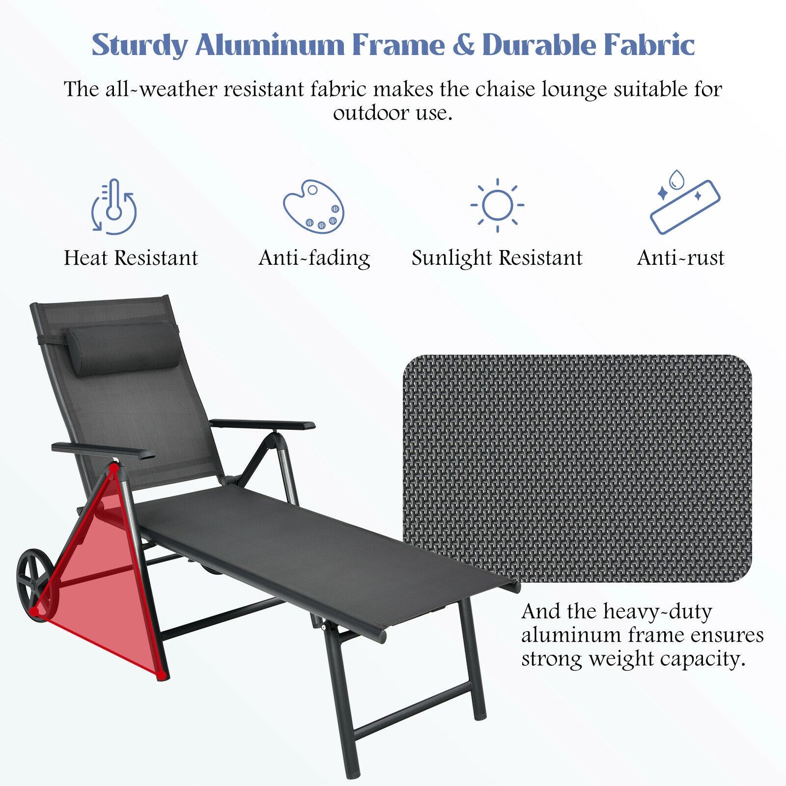 SUGIFT 7-Position Aluminum Patio Lounge Chair with Wheels and Neck Pillow 330-Lb Capacity Gray