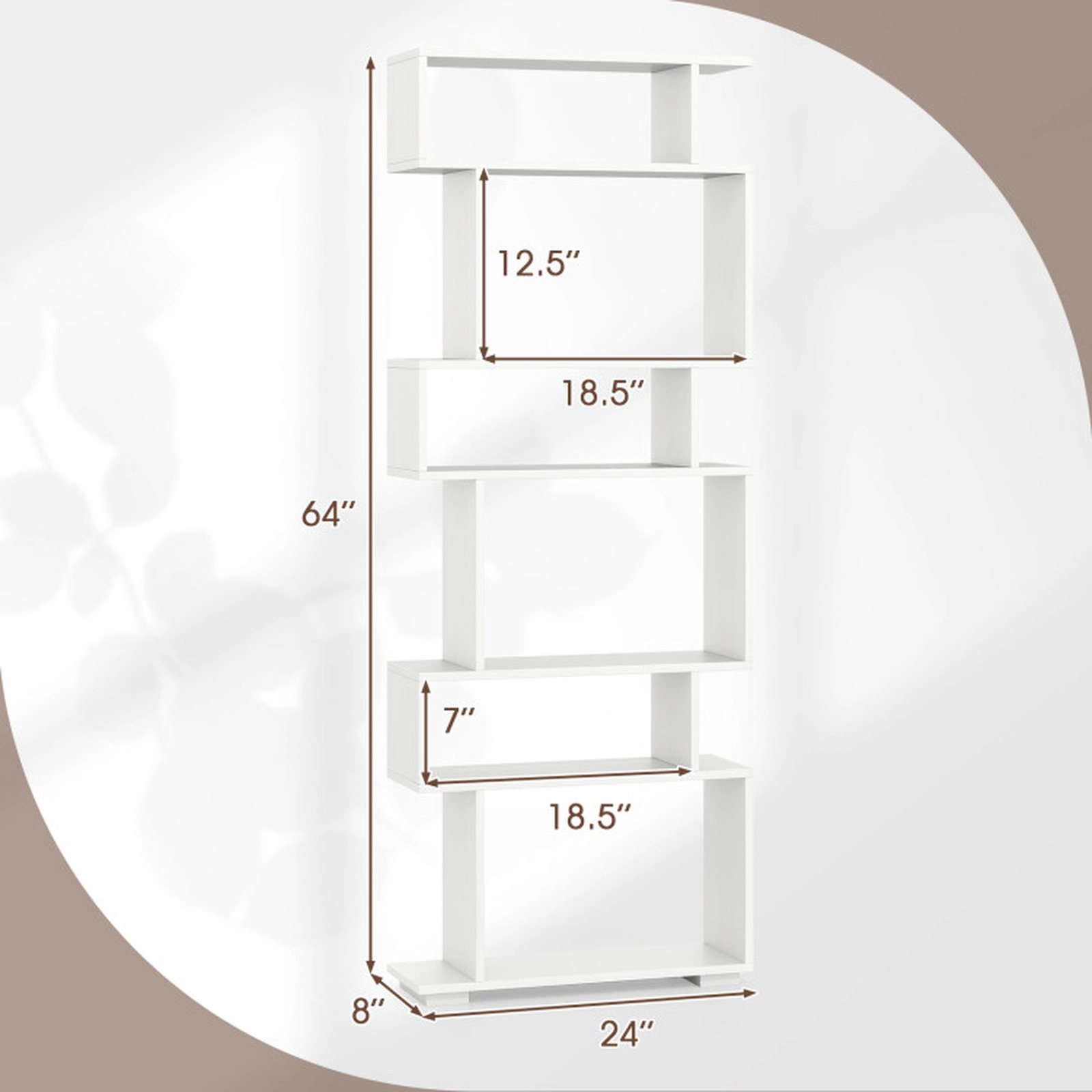 SUGIFT 6-Tier White 64-in Narrow Geometric Bookshelf with Display Shelves and 2 Anti-Tipping Kits for Bedroom