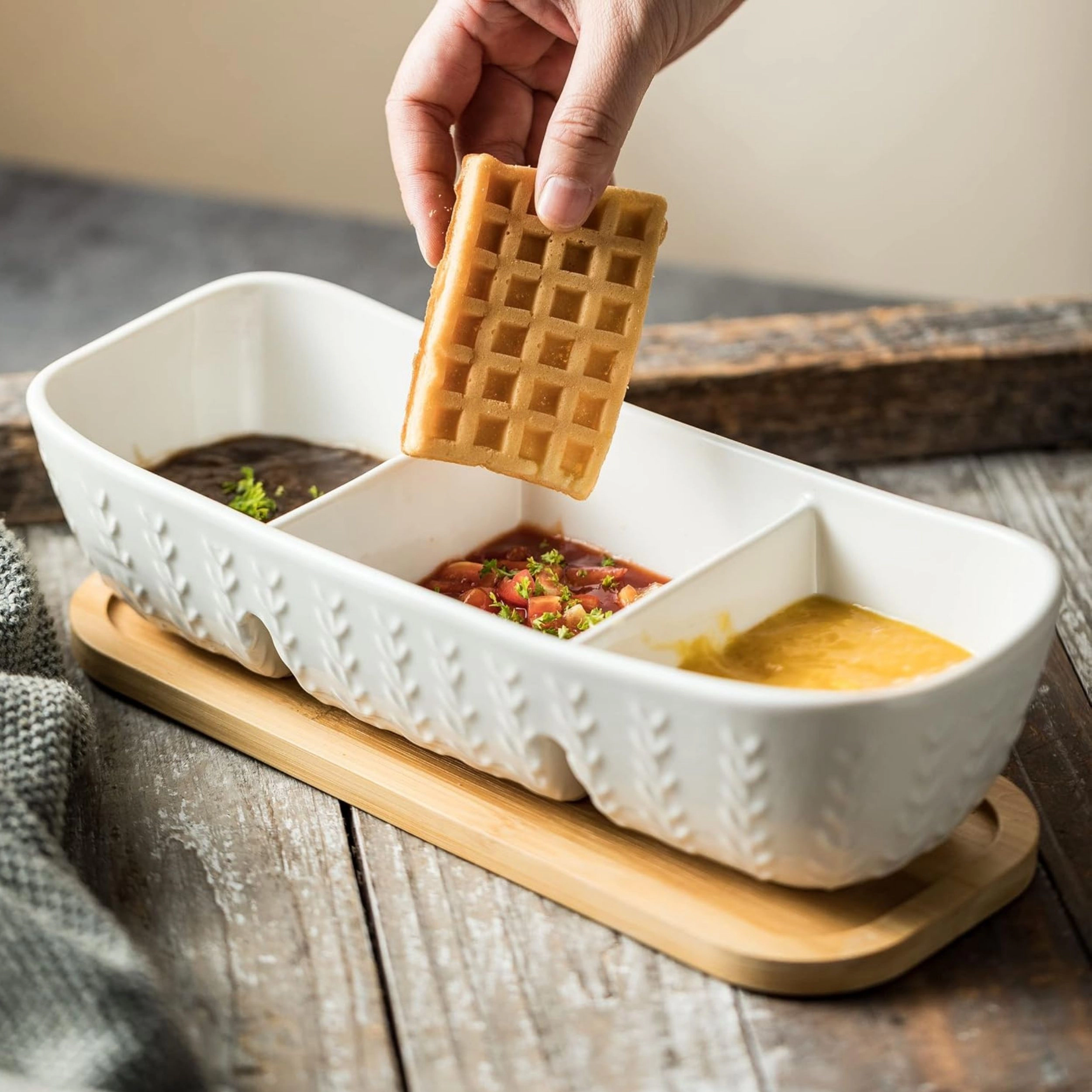 Stock Preferred Ceramic Chip and Dip Bowl Set with Divided Acacia Wood Serving Tray