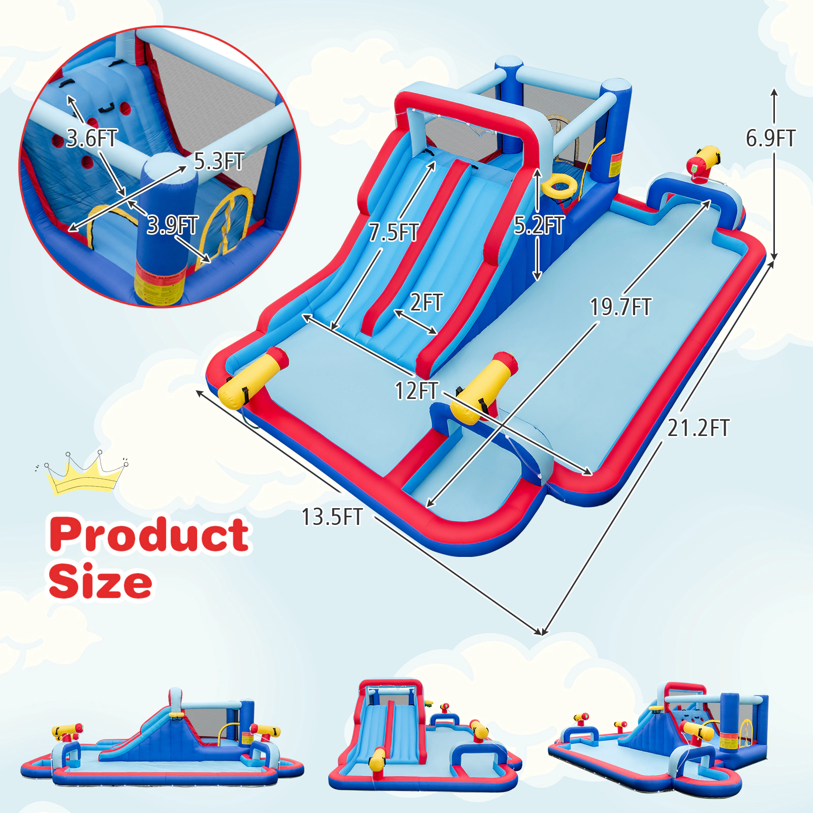 SUGIFT Inflatable Water Slide Bounce House Park Splash Pool 200-lb Capacity Ages 3-12 Multi-color 254.5 x 164.5 x 83 in