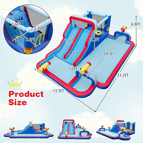 SUGIFT Inflatable Water Slide Bounce House Park Splash Pool 200-lb Capacity Ages 3-12 Multi-color 254.5 x 164.5 x 83 in