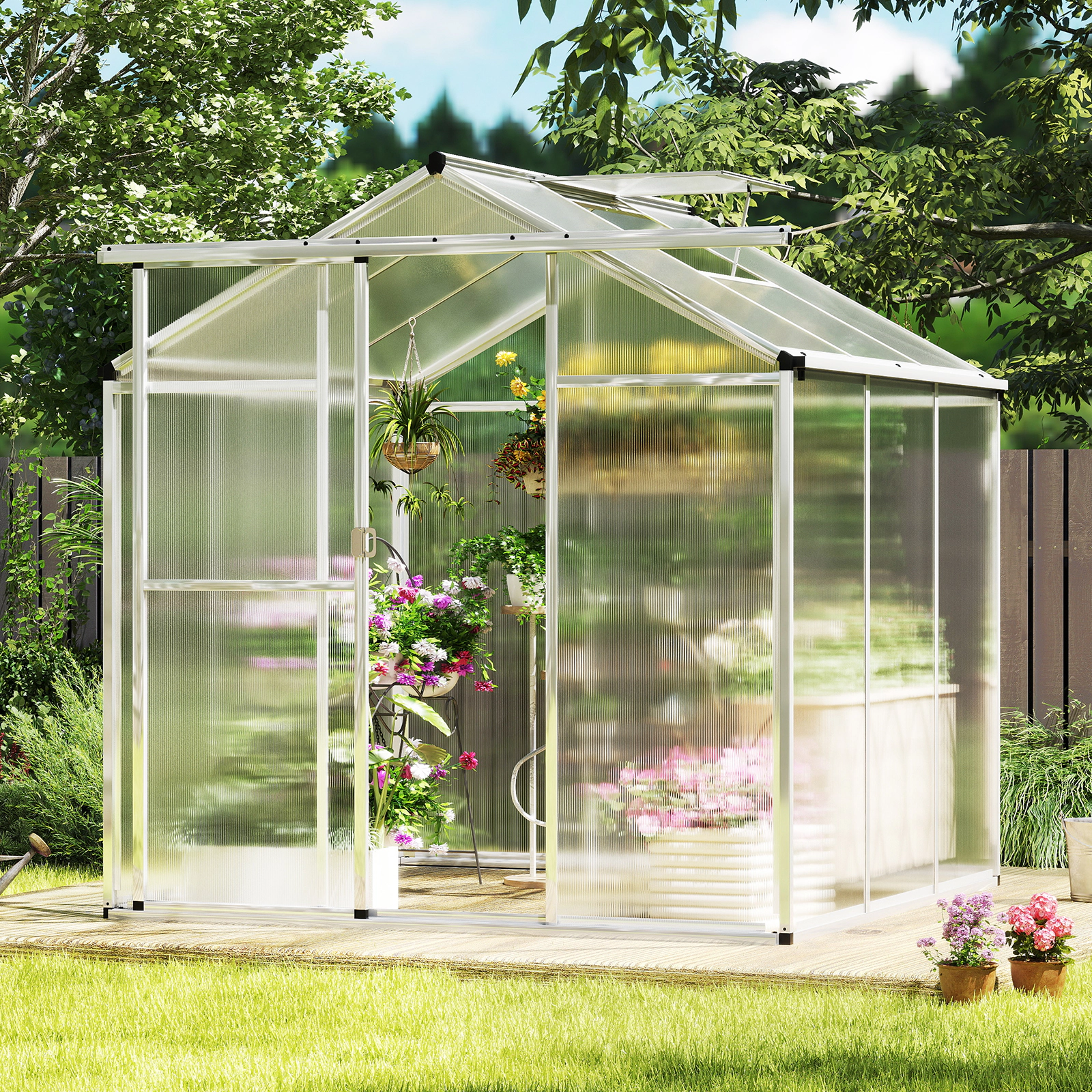 SUGIFT Large Walk-in Polycarbonate Greenhouse with Rain Gutters 6.5-ft Tall Transparent+Silver