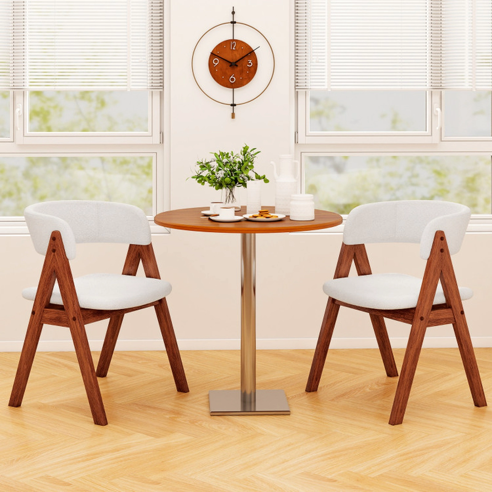 SUGIFT Walnut Wooden Mid Century Sherpa Upholstered Curved Arms Set of 4 Dining Chairs