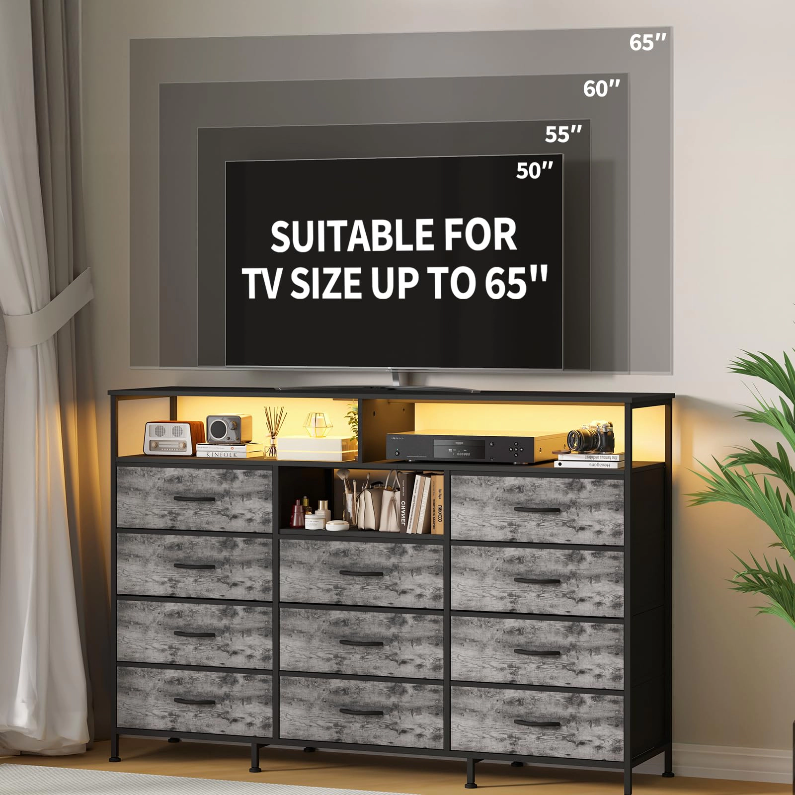 55.1" 11 Drawer Fabric Dresser with LED Lights, Power Outlet & Open Shelves