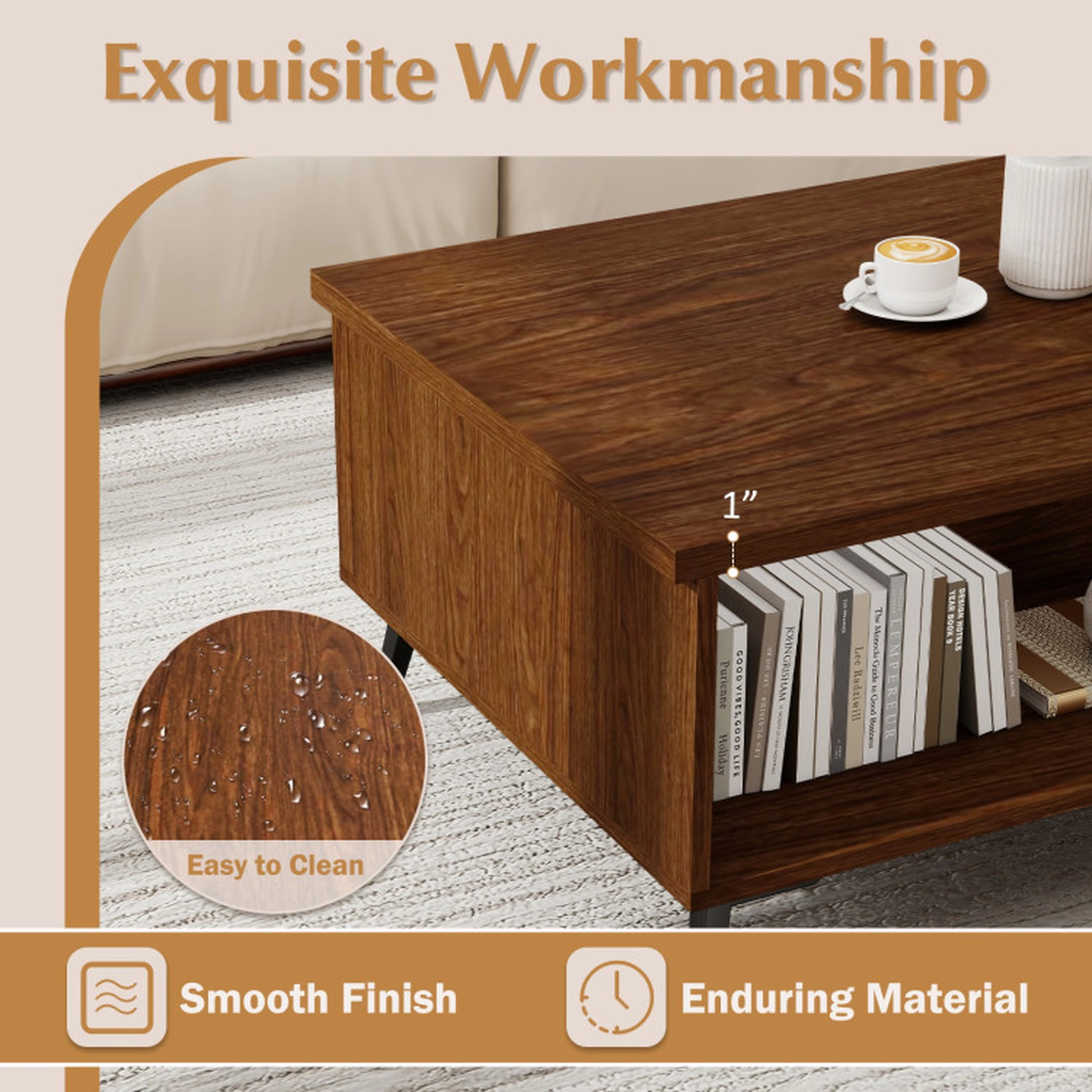 SUGIFT 47-in 176-lb Capacity 2-Tier Mid Century Modern Walnut Coffee Table with Metal Legs and Side Compartments