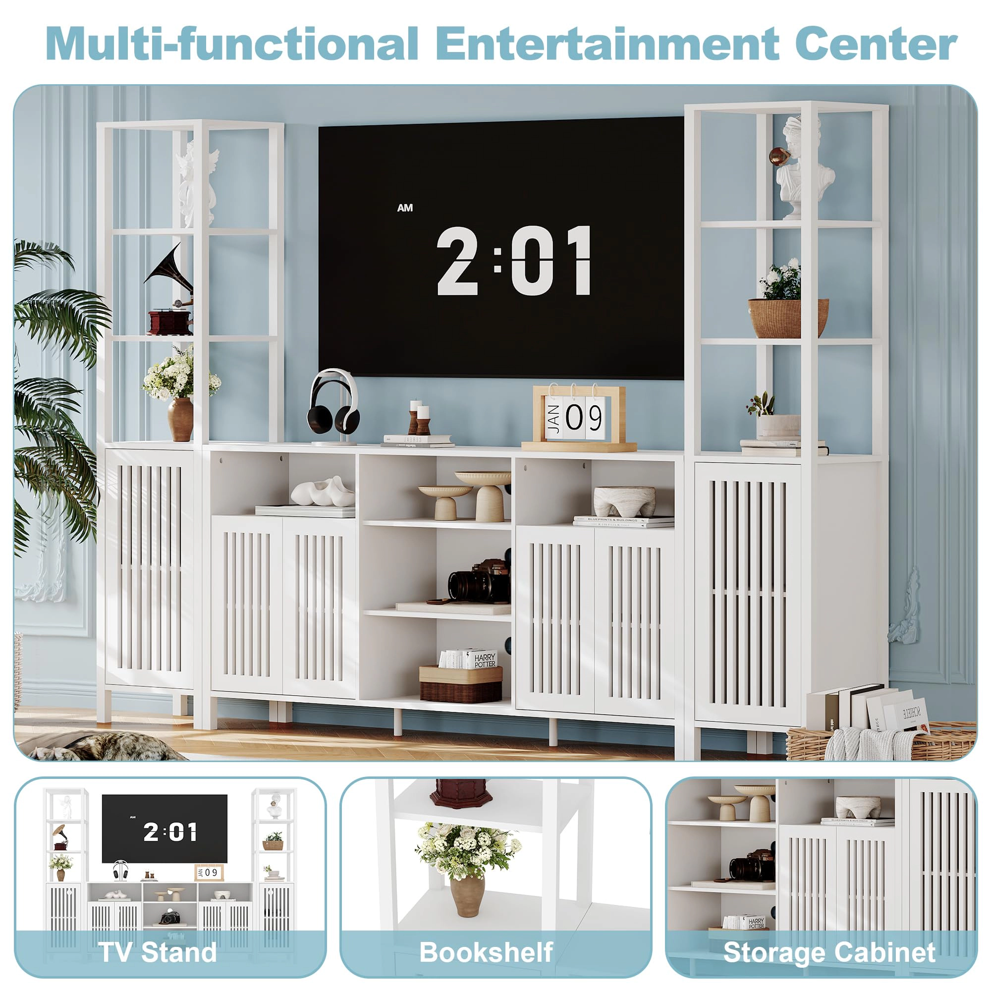 BebreezChic Large TV Stand with Set of 2 Bookcases, Farmhouse Entertainment Center for 70" Television