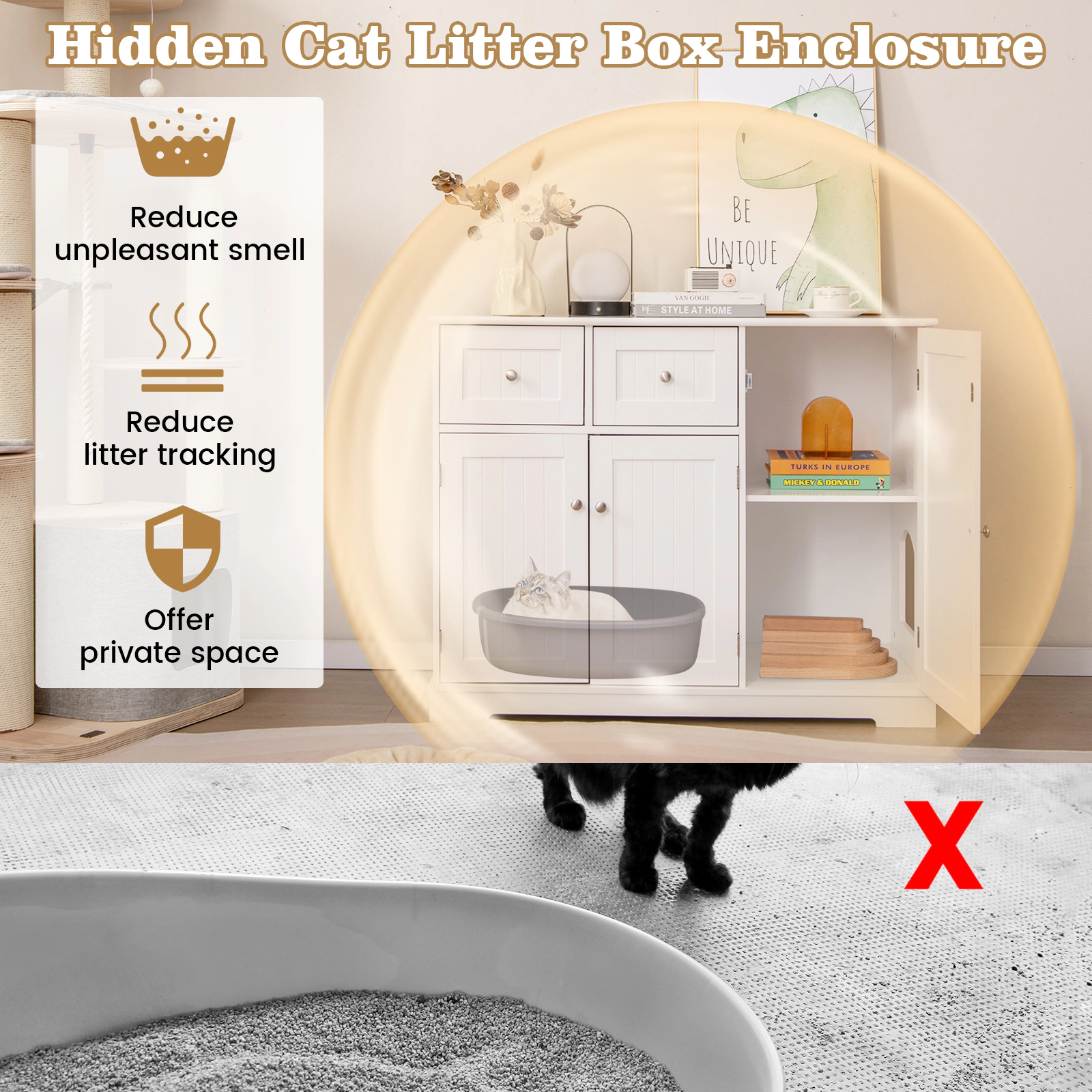 SUGIFT White Cat Litter Box Enclosure with 2 Drawers 40-in W 18-in D 31.5-in H 44-lb Countertop Capacity