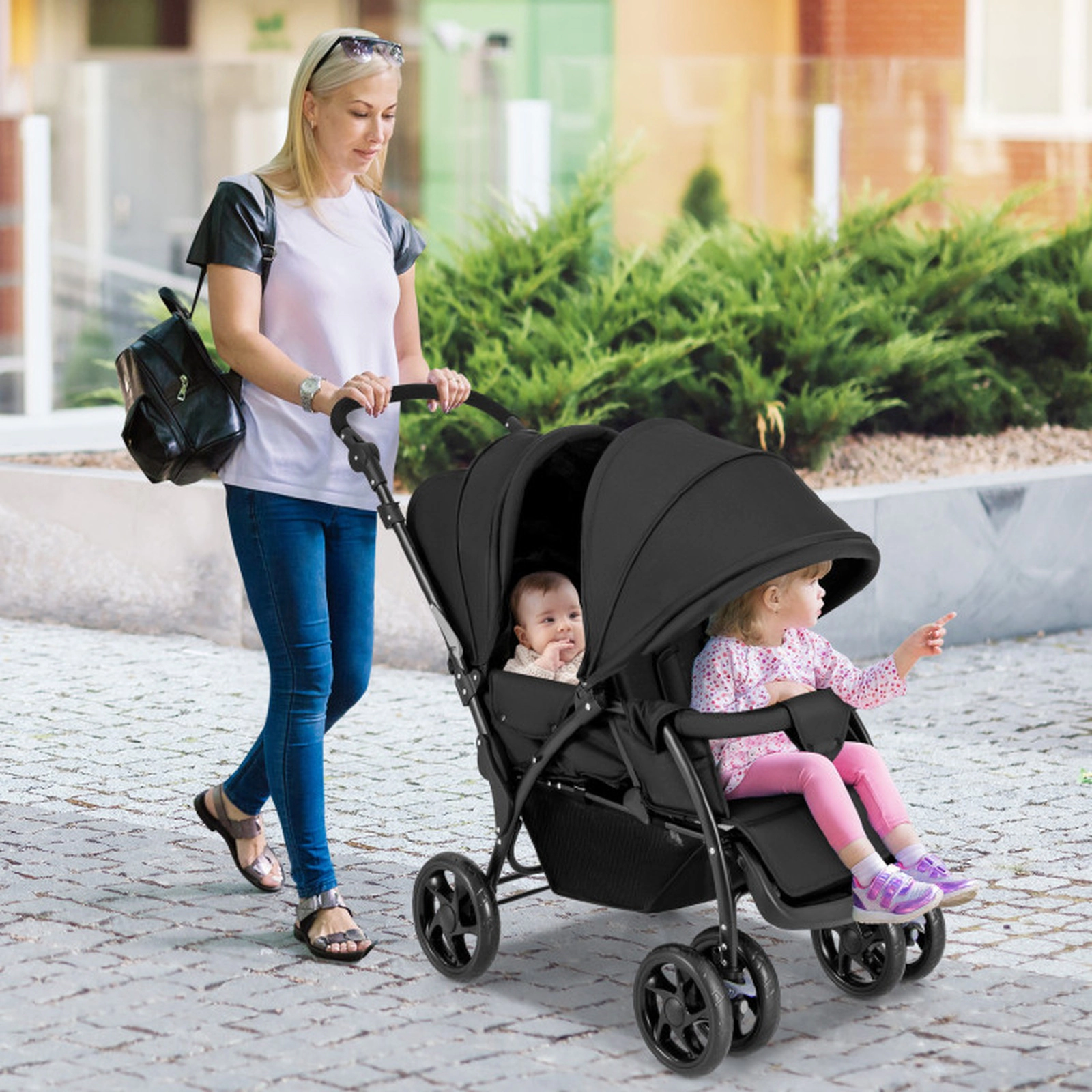 SUGIFT Baby Black Tandem Double Stroller with 5-Point Harness 48-in W 22.5-in D 43-in H 33-lb Per Seat