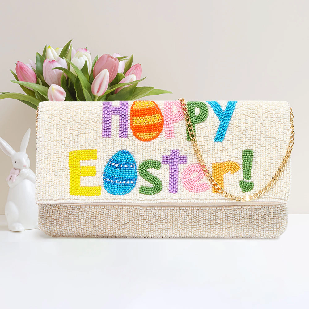 Fashnzfab Happy Easter Message Seed Beaded Clutch / Crossbody Bag