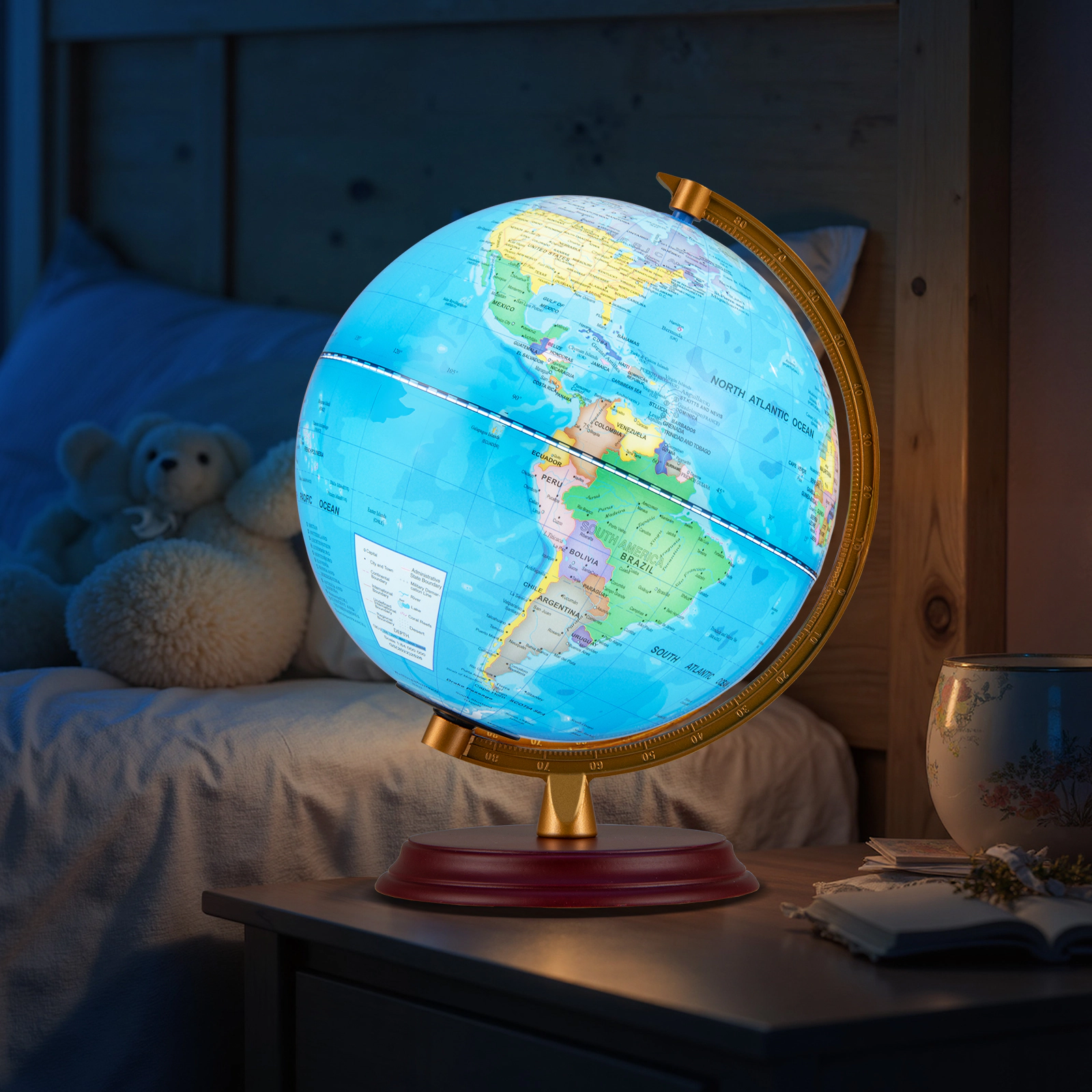 SUGIFT Kids LED Illuminated HD Map Wooden Base Night Light World Globe 8-in Diameter 8.5-in x 8.5-in x 10.5-in Blue