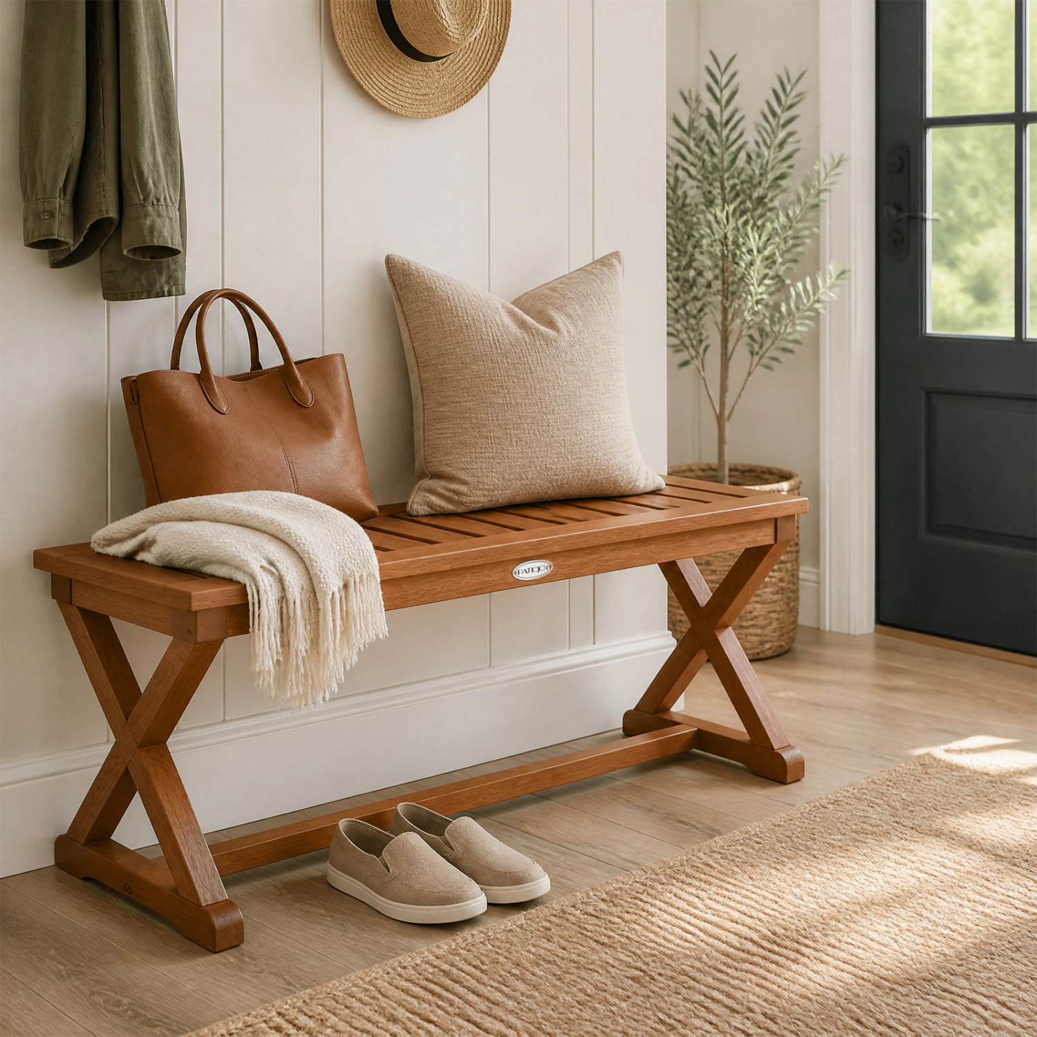 LJG 2-Person 44" Solid Wood Outdoor Bench with Slatted Seat for Patio Park Balcony