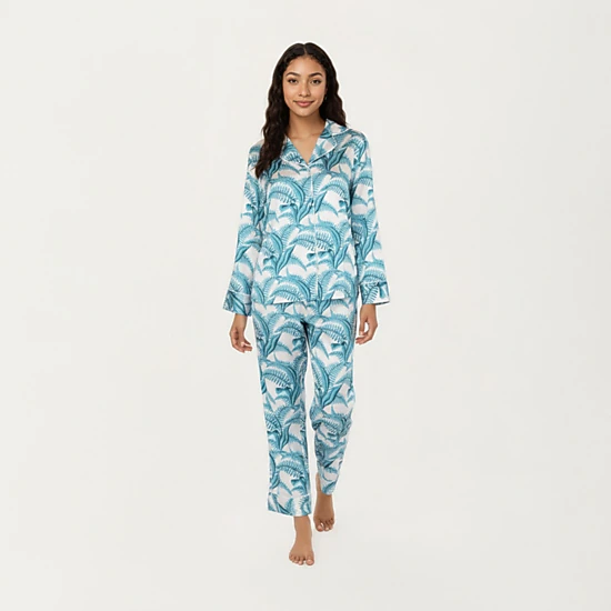 Anna-Kaci Women's 2-Piece Long Sleeve Button Front Pajama Set with Tropical Leaf Print and Soft Silky Fabric