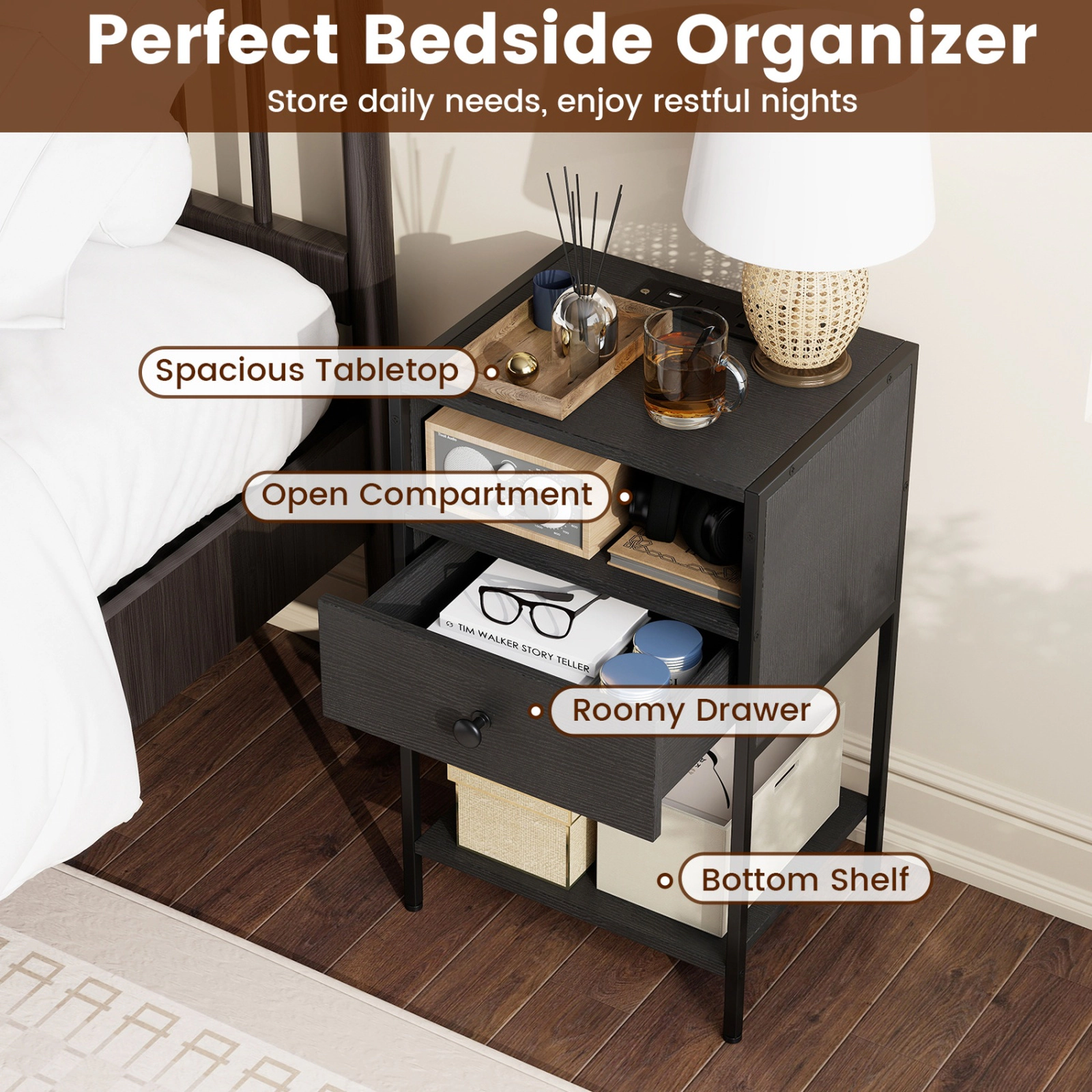 SUGIFT Integrated Charging Station Nightstand Bedside Table 66-lb Top Capacity Engineered Wood and Carbon Steel Black