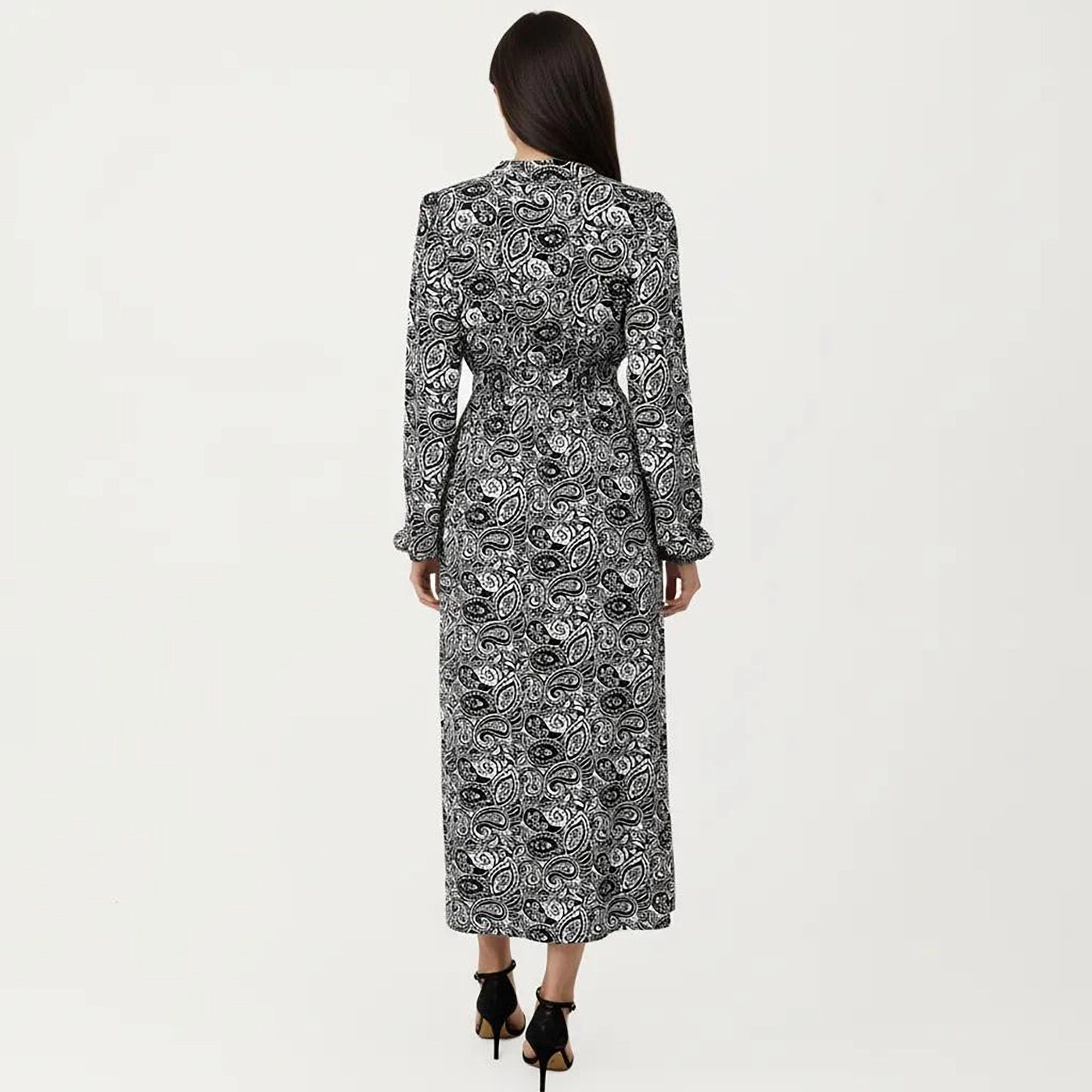 Anna-Kaci Women's Black Paisley Print Long Sleeve V Neck Dress