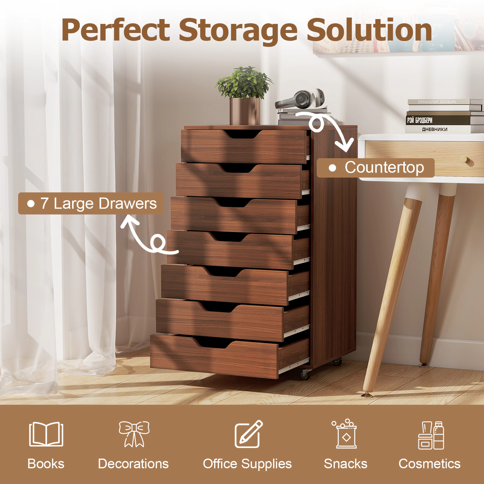 SUGIFT 7-Drawer MDF Engineered Wood Storage Chest with Lockable Wheels 120-lb Capacity Walnut