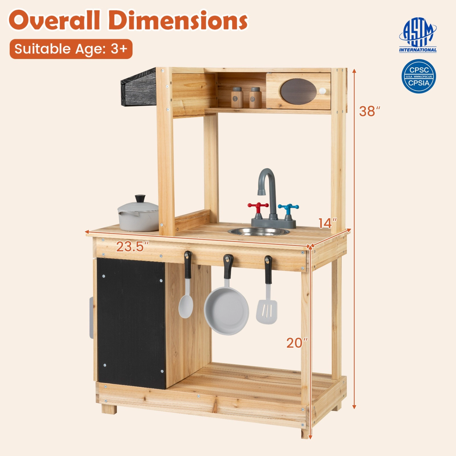 Outdoor Mud Kitchen for Kids with Chalkboard Stove Sink and 4 Storage Zones 23.5-in x 14-in x 38-in Fir Wood Natural