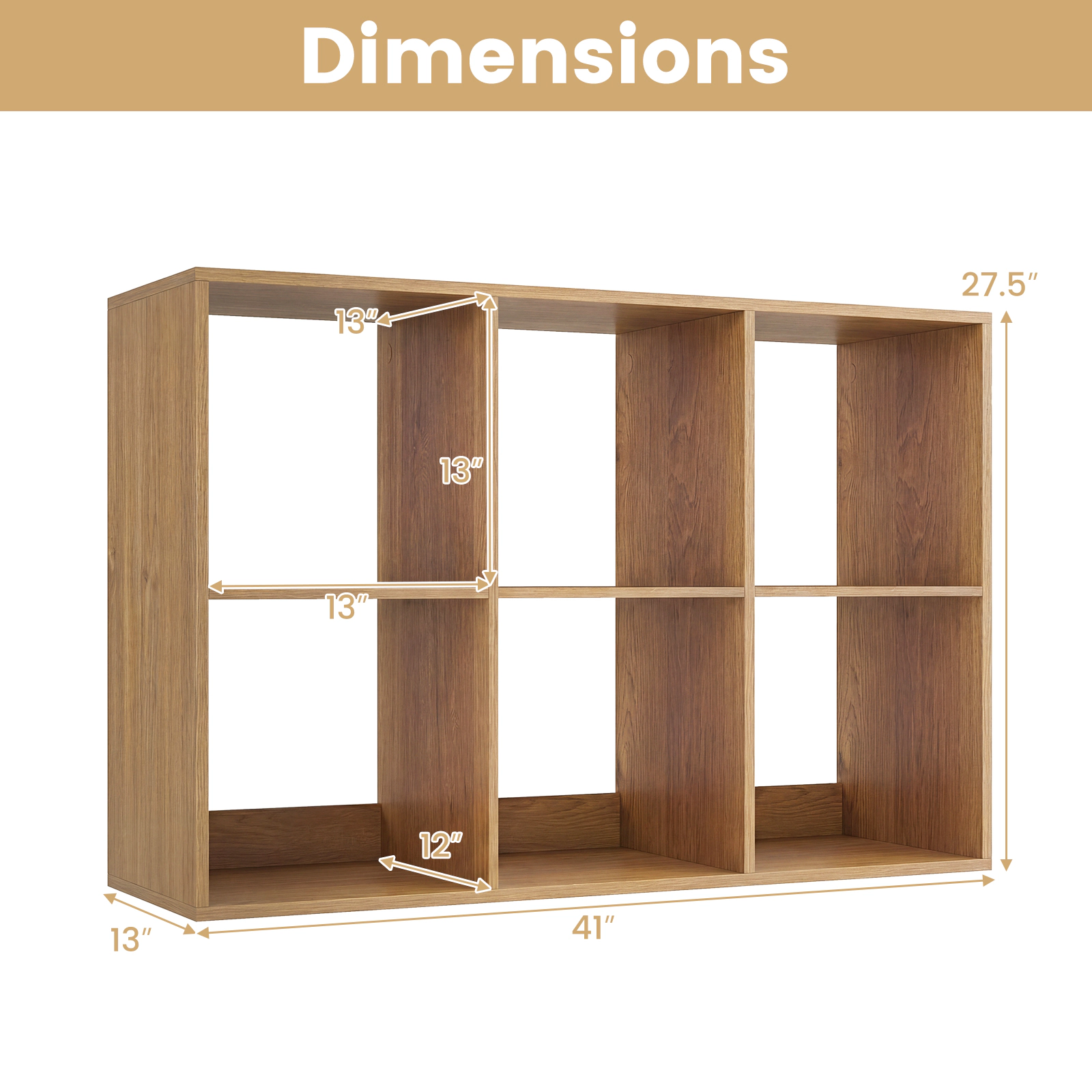 SUGIFT 6-Cube Bookshelf with Back Guardrail 154-lb Tabletop Capacity 44-lb Cube Capacity Natural