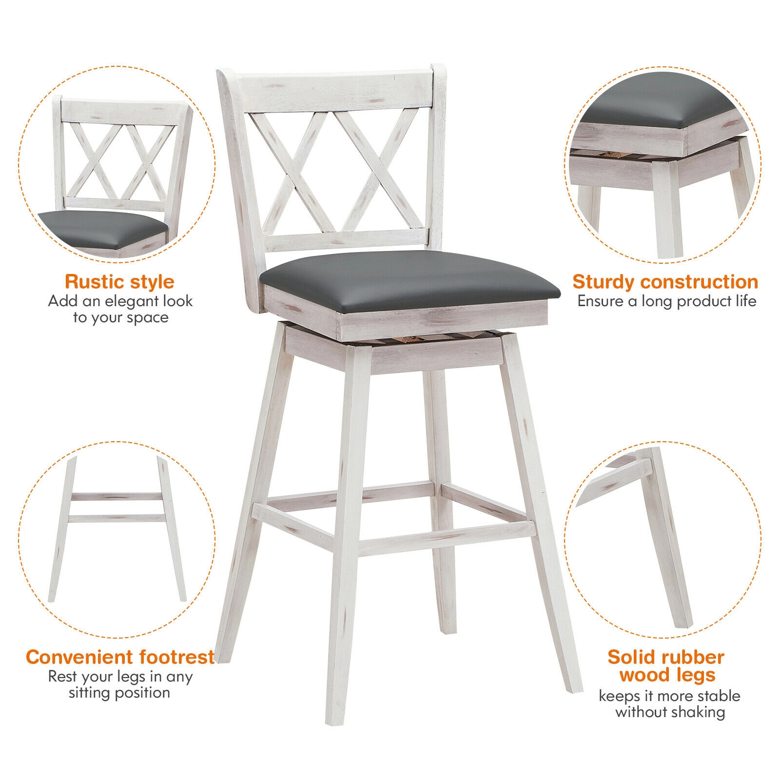 SUGIFT Set of 2 White 29-Inch Counter-Height Swivel Bar Stools with PVC Backrests and Rubberwood Legs