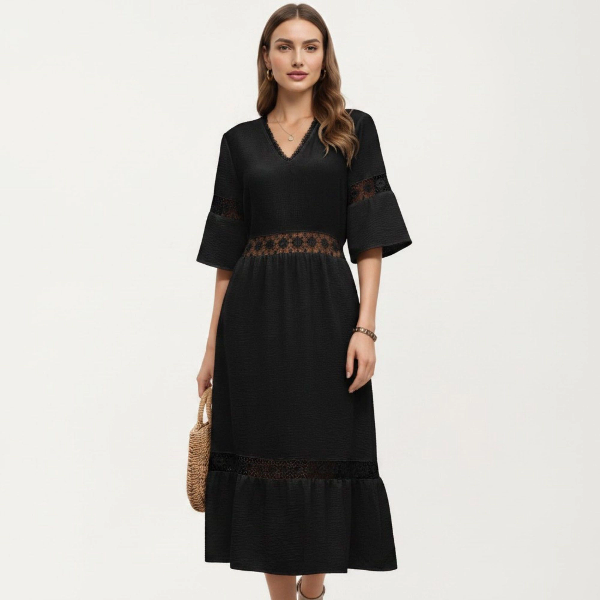 Anna-Kaci Women's V-Neck Lace Trim Paneling Short Wide Sleeves Midi Dress