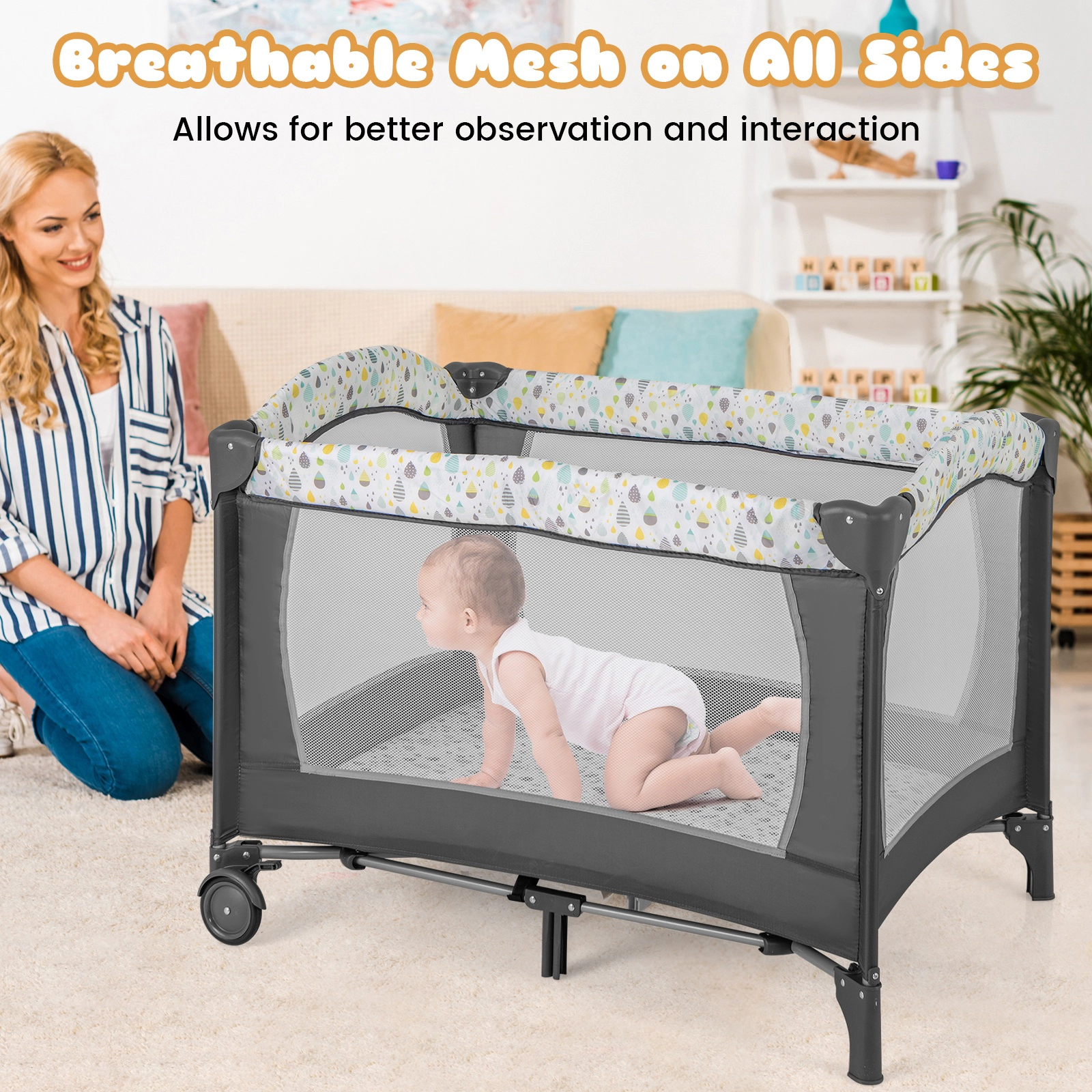 SUGIFT Baby 3-in-1 Bassinet Changing Table Carry Bag Portable Playard 40-in x 28.5-in x 29-in 33-lb Capacity Beige