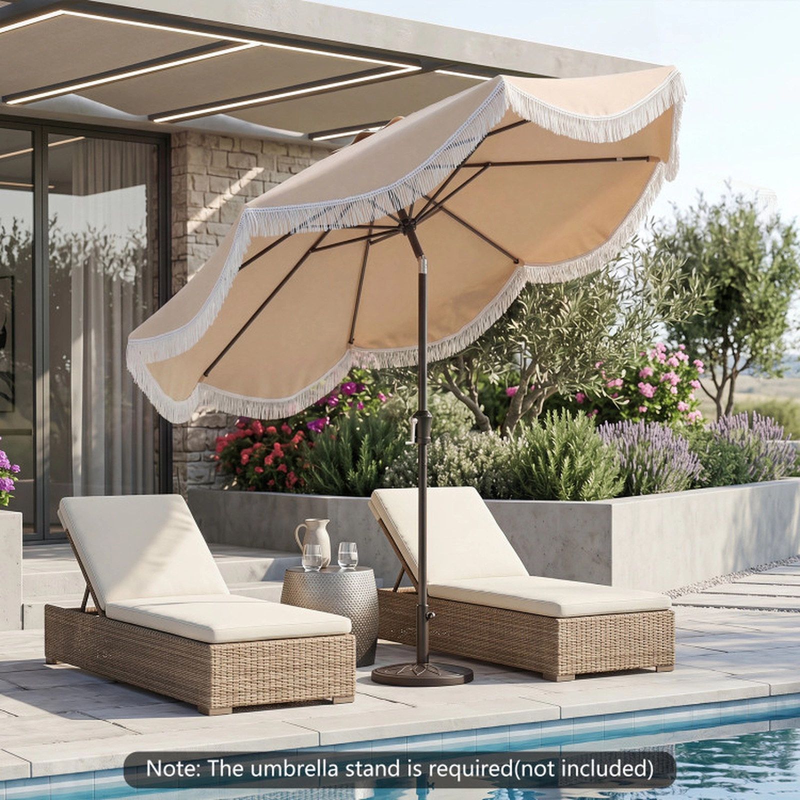 SUGIFT Cream White Push Button Tilt and Crank Handle 9 FT Outdoor Tassel Patio Umbrella