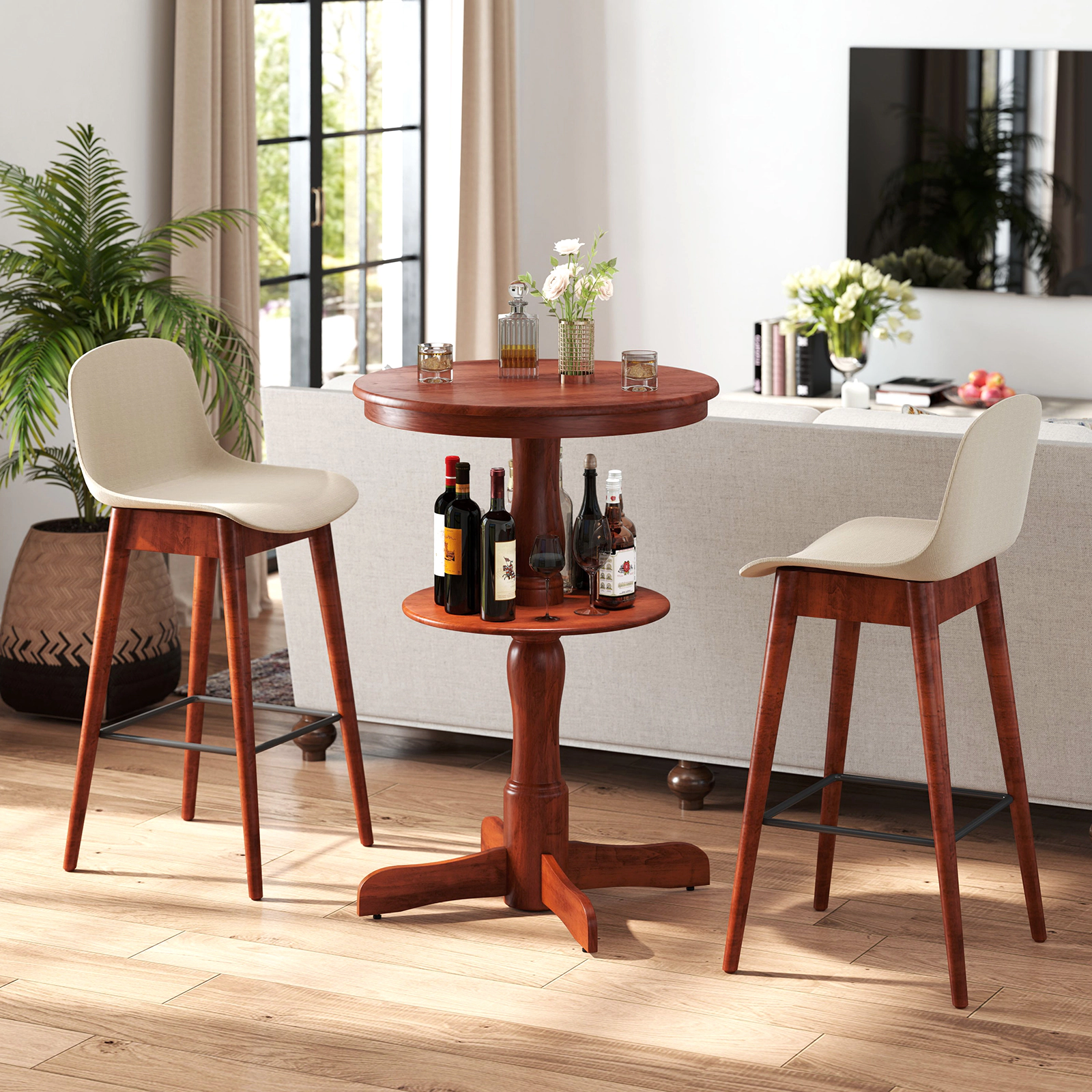 SUGIFT 2-Tier Round High Top Bar Table with Storage Shelf and Pedestal Base 88-lb Tabletop Capacity Espresso