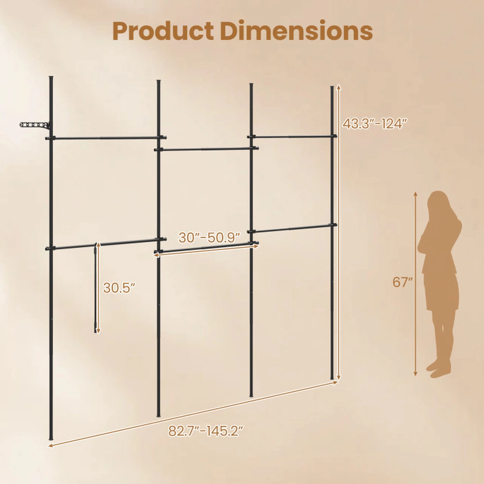 SUGIFT Black Adjustable Floor to Ceiling Clothes Rack with 6 Hanging Rods and No-Drill Telescoping Poles