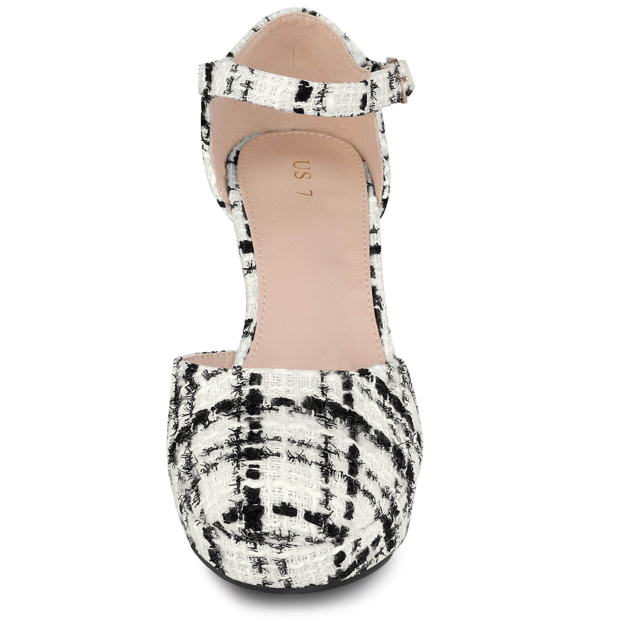 BLISSFUL STEP Women Patent Leather Tweed Round Toe Platform Chunky Heels Pumps