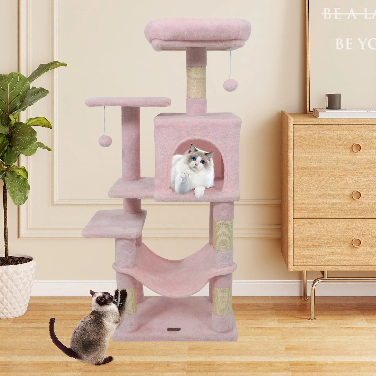 SUGIFT 44-in Pink Cat Tree Tower with 2-Door Condo Padded Top Perch Plush Hammock and Sisal Posts