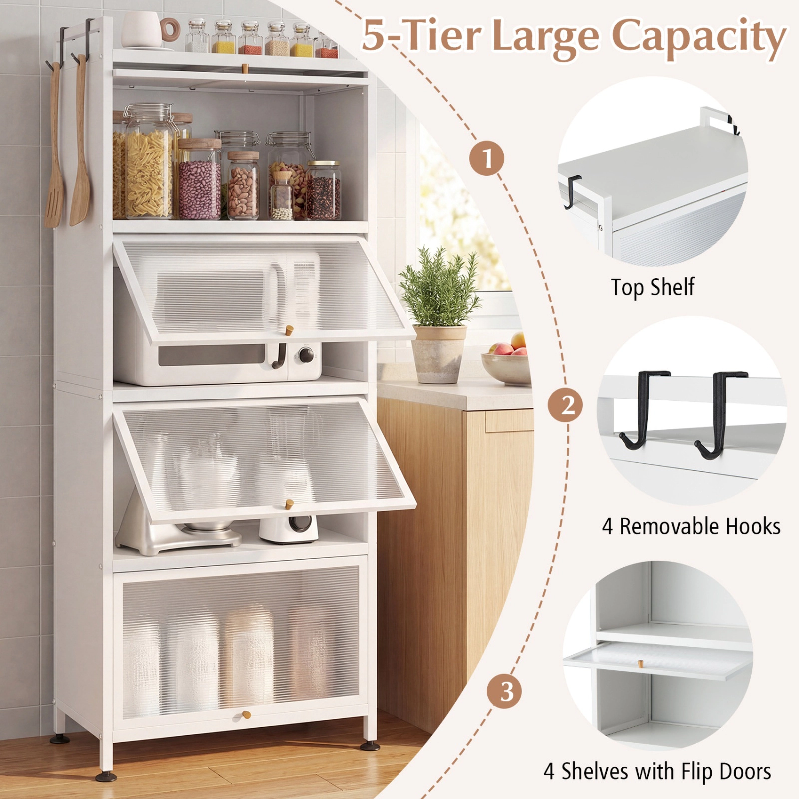 SUGIFT 5-Tier Kitchen Bakers Rack with Flip-Up PC Doors and Adjustable Foot Pads